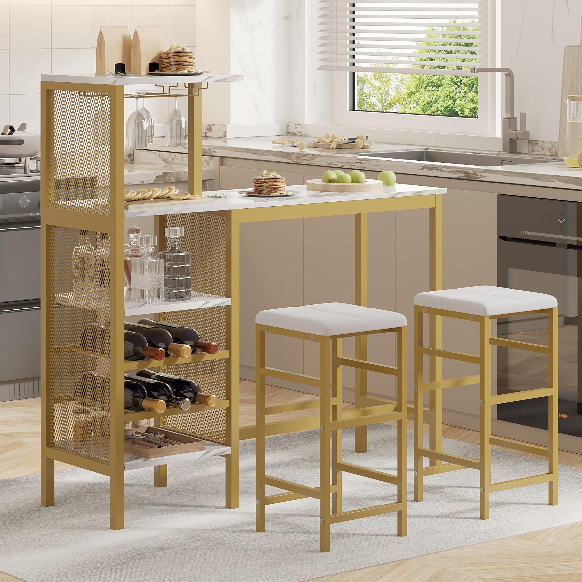VECELO 3-Piece Bar Table and Chairs Set with Storage Shelves, Cup Holder & Wine Rack - PU Leather Cushion Stools for Small Space Kitchen, Gold - Perfect for Breakfast Nook, Apartment Balcony or Compact Dining Area