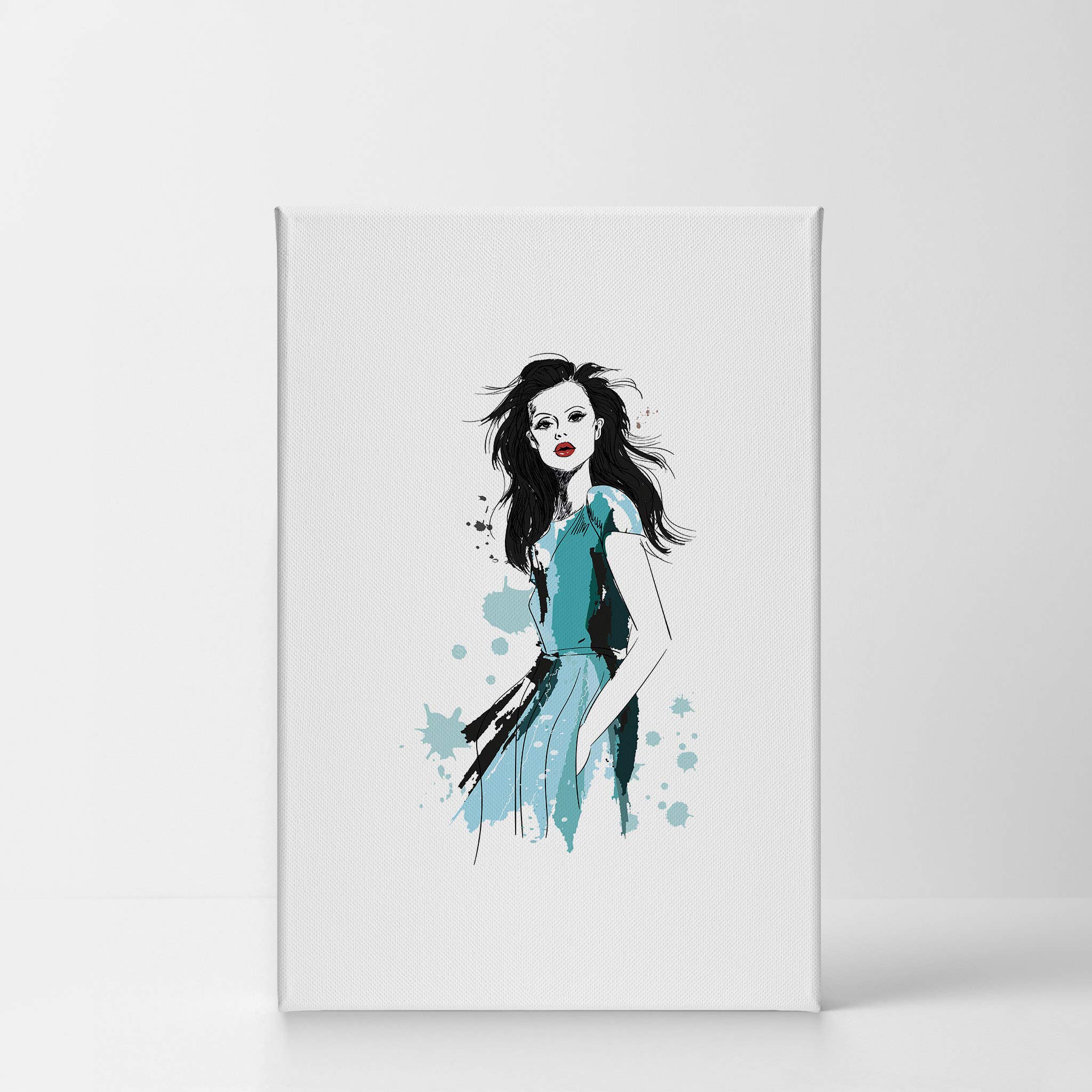 Cool Black Haired Woman in Blue Dress & Red Lips Glam Fashion Canvas Wall Art Print - Modern Home & Office Decor for Living Room, Bedroom, Bathroom, Dorm - Ready to Hang 40x30 Inches - Perfect for Women's Spaces & Gift Giving
