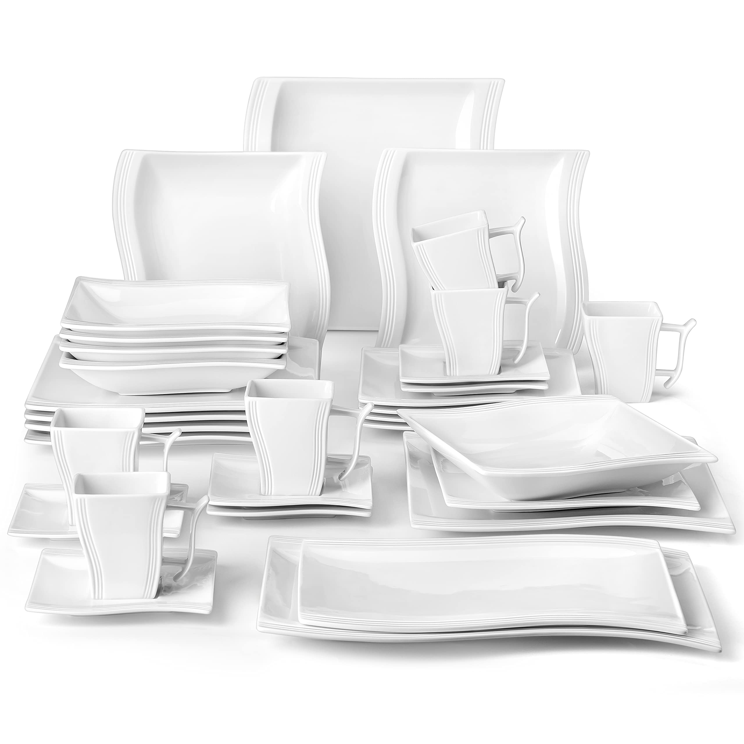 MALACASA 32-Piece Ivory White Porcelain Square Dinnerware Set - 6 Dinner Plates, 6 Dessert Plates, 6 Soup Bowls, 6 Cups & Saucers, 1 Serving Platter - Elegant Flora Series for Formal Dining, Holiday Entertaining & Restaurant Use