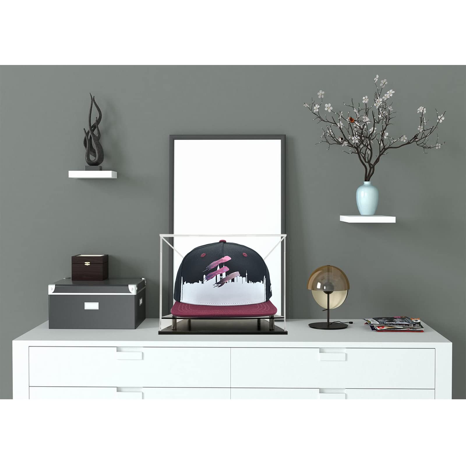 Acrylic Baseball Cap Display Case with Metal Base - Clear Hat Holder Stand for Baseball, Football, Snapback Caps & Mini Helmets - Perfect for Collectors, Retail Stores & Home Decor