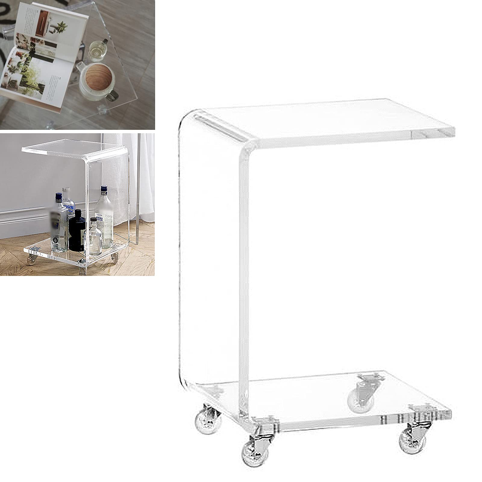 Clear Acrylic C-Shaped Rolling Side Table with Wheels - Portable End Table for Snacks, Coffee, Notebook & Tablet - Perfect for Bed, Sofa & Living Room Use
