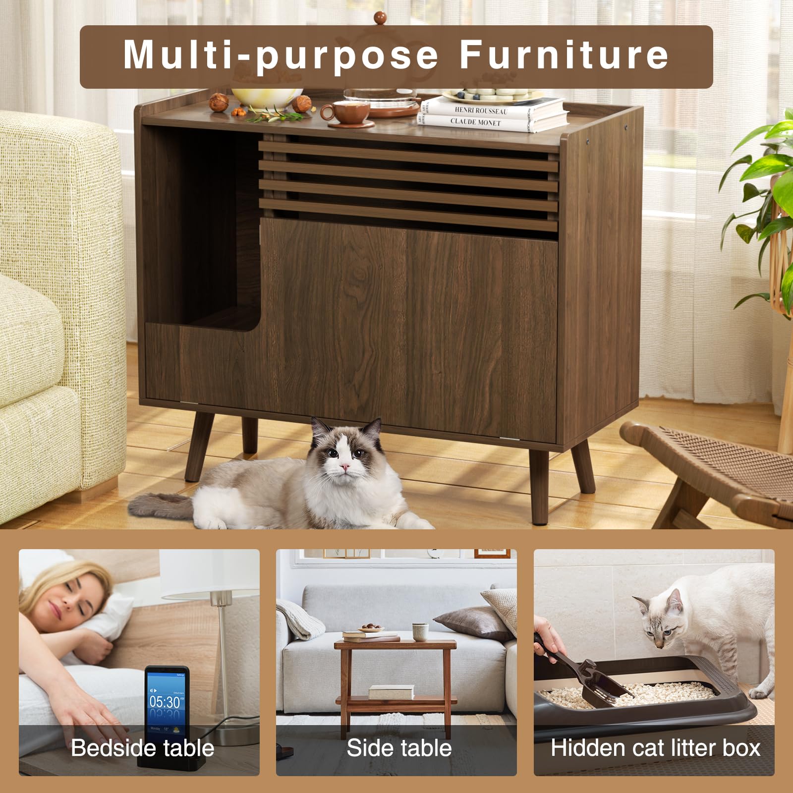 Mid-Century Modern Cat Litter Box Enclosure Furniture - Hidden Litter Box Cabinet with Scratch Pad & Flip-Down Door, Brown End Table for Living Room & Bedroom Cat Washroom Solution