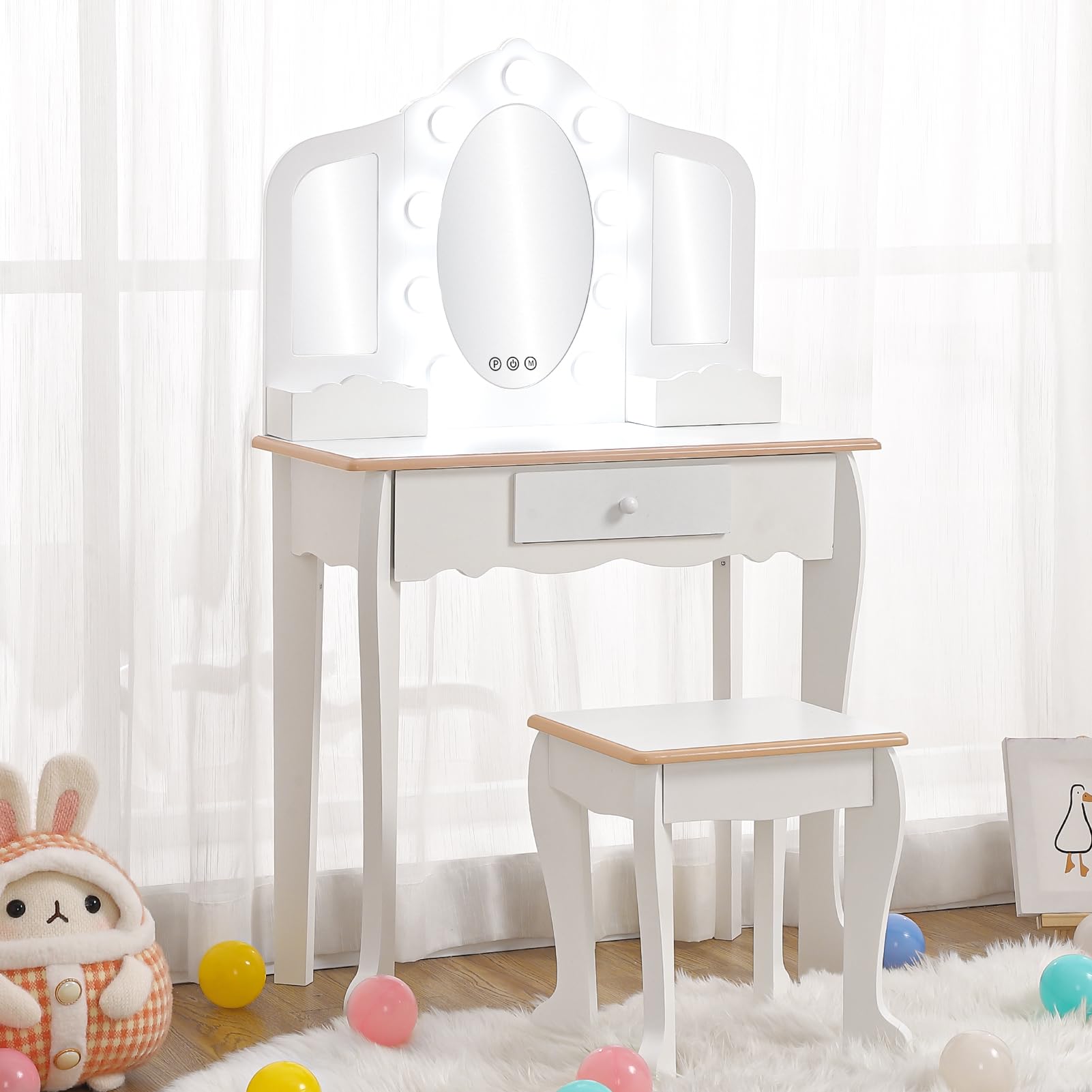 Kids Vanity Set with 3 Mirrors & Stool - Wooden Princess Makeup Play Table for Toddlers & Girls (Pink) | Perfect for Pretend Play, Birthday Gifts & Bedroom Decor