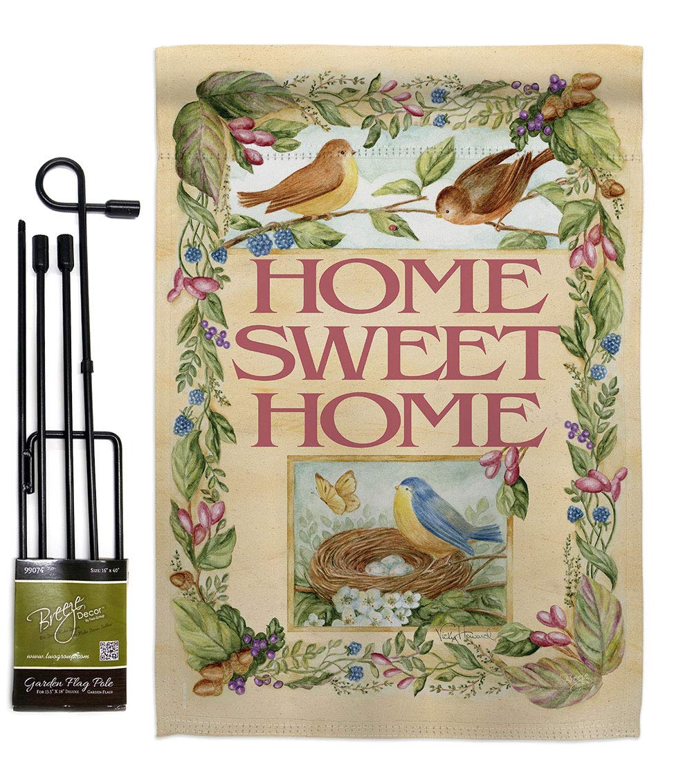 Farmhouse Welcome Birds Spring Garden Flag Set with Stand - Double-Sided 13x18.5 Inch Yard Decor - Happy Home Floral Banner for Porch, Lawn & Outdoor Decorations - Made in USA Housewarming Gift