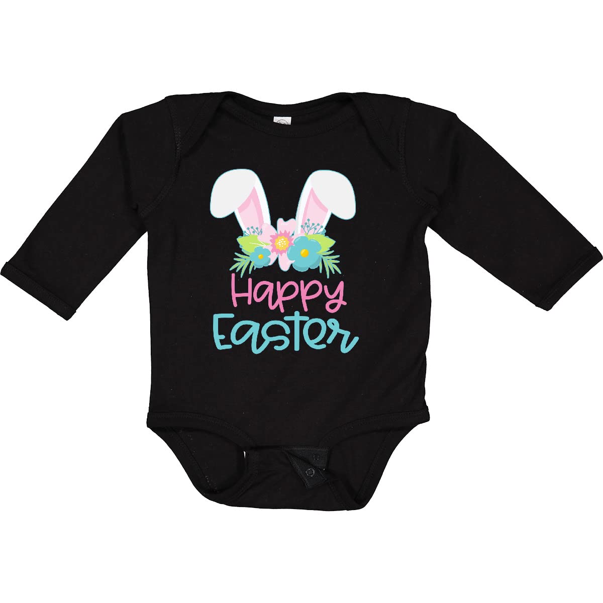 Inktastic Happy Easter Bunny Ears & Flowers Long Sleeve Baby Bodysuit - Cute Easter Outfit for Newborns & Infants - Perfect for Easter Photos, Egg Hunts & Family Gatherings