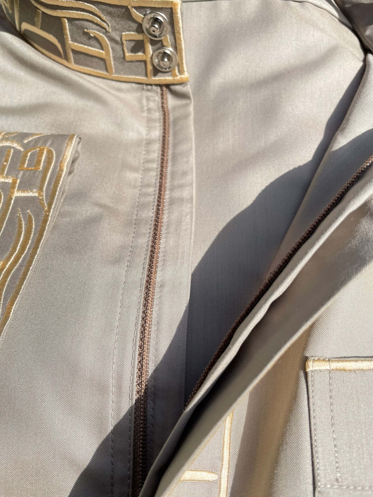 Premium Men's Silvered Sage Saudi Thobe with Gold Embroidery - Traditional Arabic Robe for Eid, Wedding & Special Occasions