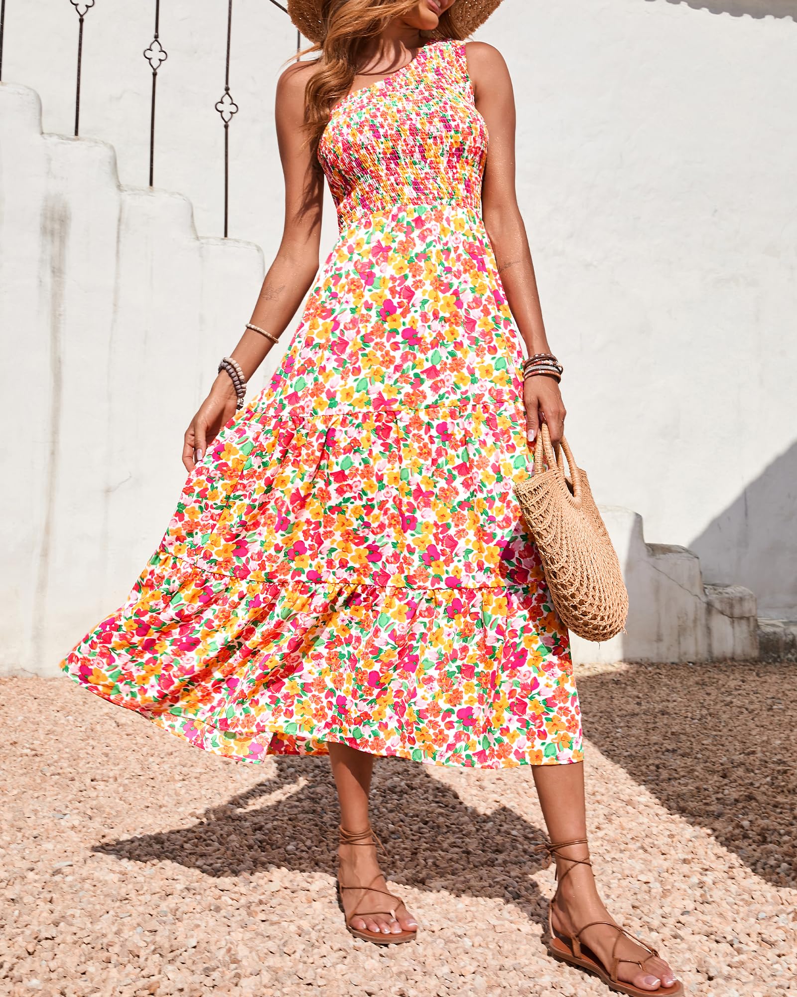 BTFBM Women's One Shoulder Floral Maxi Dress - Sleeveless High Waist Boho Beach Dress for Summer 2025 | Casual Smocked Flowy Dress for Vacations, Parties & Outdoor Events