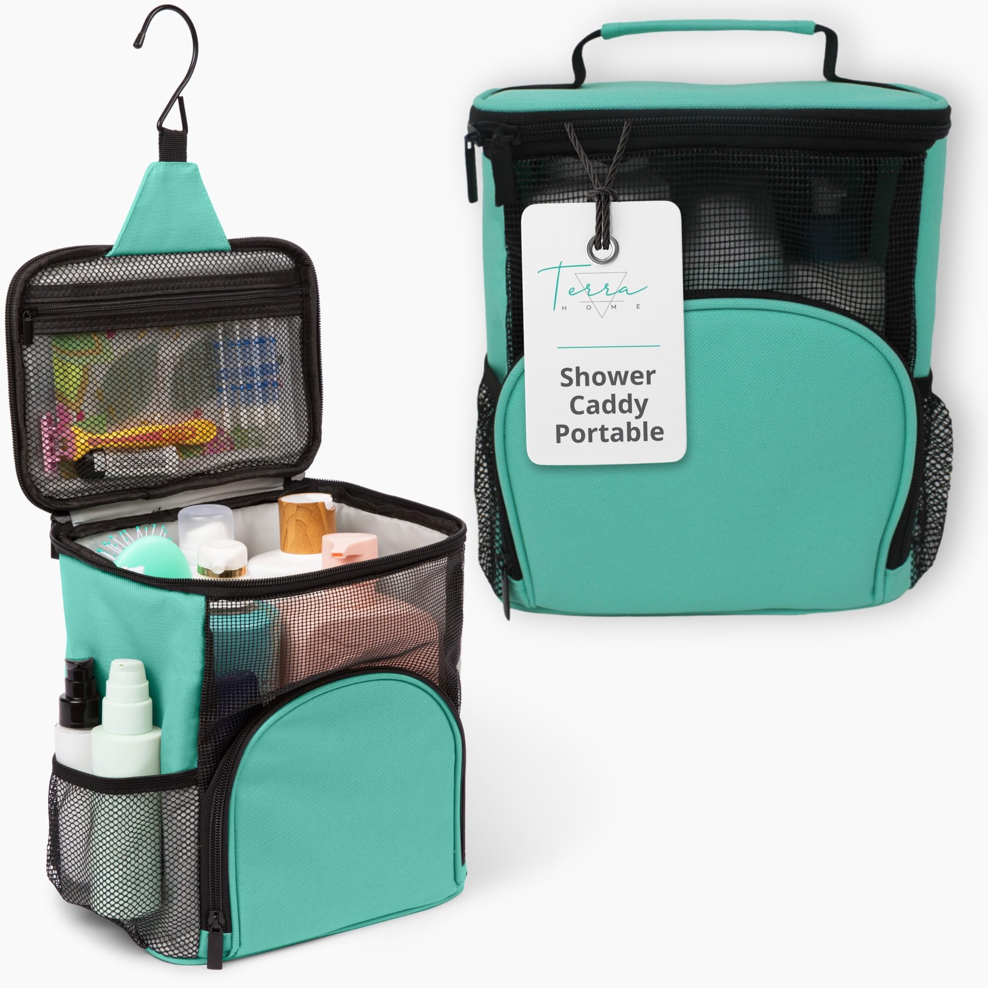Portable Shower Caddy Organizer - Large Capacity Quick-Dry Water-Resistant Hanging Toiletry Bag with Metal Hook for College Dorms, Gym & Travel - Perfect for Bathroom Storage & Camping Trips (Aqua)