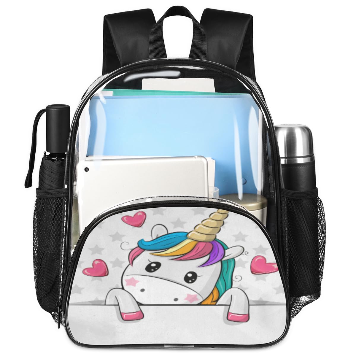 Clear Mini Backpack - Cute Animal Unicorn Heart Design, Heavy Duty PVC Transparent Backpack with Reinforced Straps | Perfect for Work, School, Security Checks, Travel & Beach Day Trips