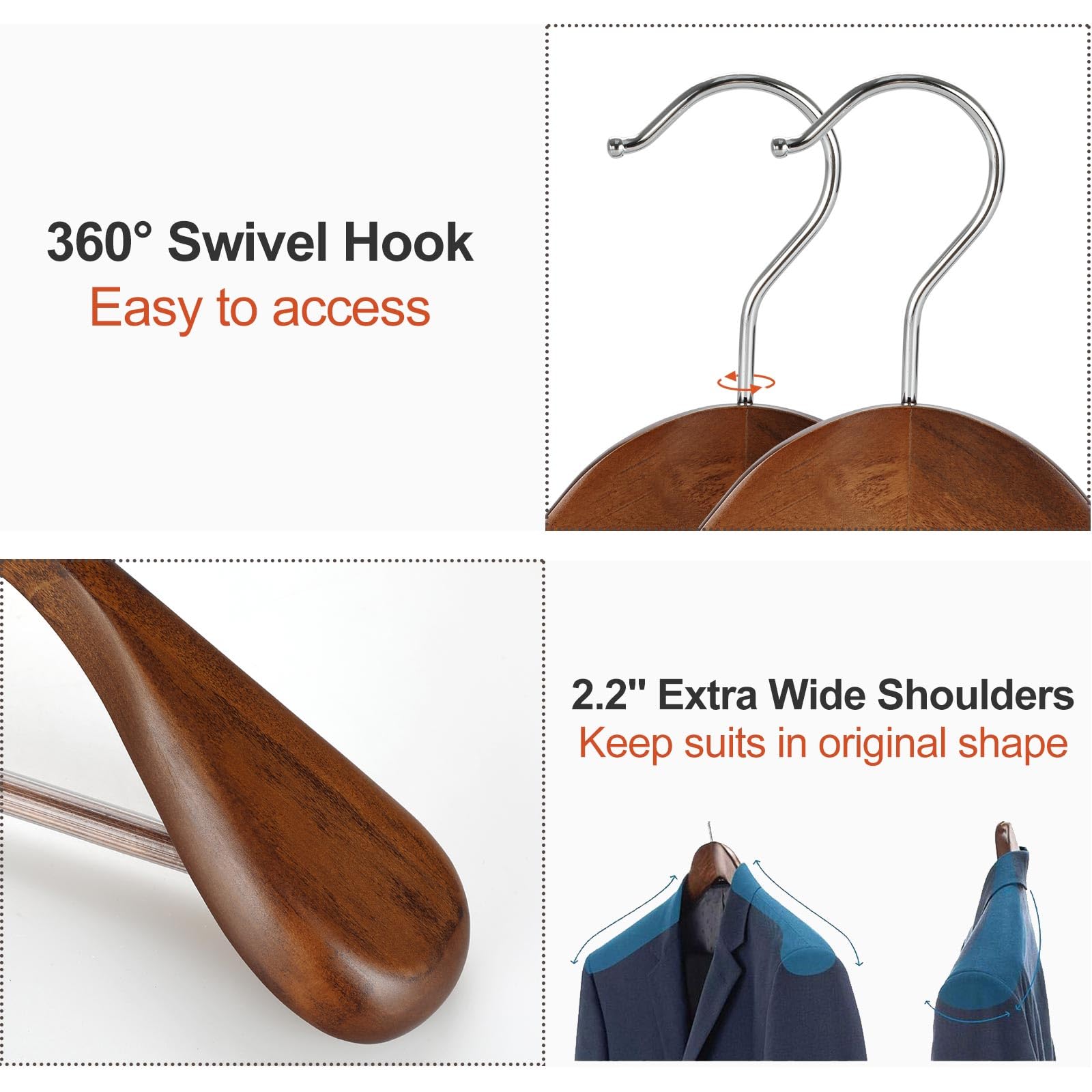 Premium Solid Wood Wide Shoulder Hangers - Non-Slip Pants Bar & 360° Swivel Hook - Heavy Duty Suit & Coat Hangers (6 Pack, Walnut) - Perfect for Closet Organization & Luxury Garment Storage