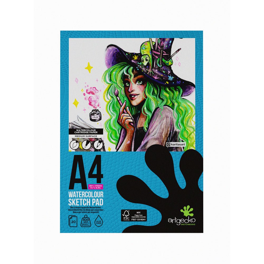 Artgecko Pro Watercolor Sketchpad - A4 Size, 20 Sheets, 300gsm Thick White Paper for Artists, Students & Professionals - Perfect for Watercolor Painting, Sketching & Mixed Media Art