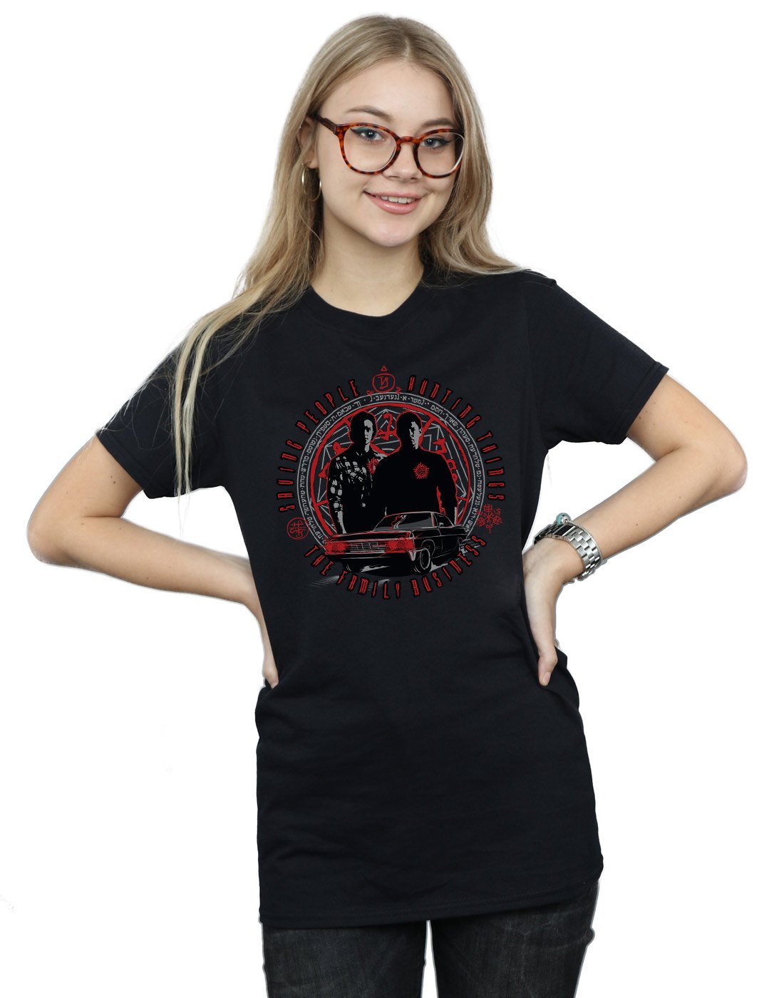 Supernatural Women's Family Business Boyfriend Fit T-Shirt - Medium Black | Soft Cotton Relaxed Fit Graphic Tee for Casual Wear, TV Show Merchandise & Fan Gifts