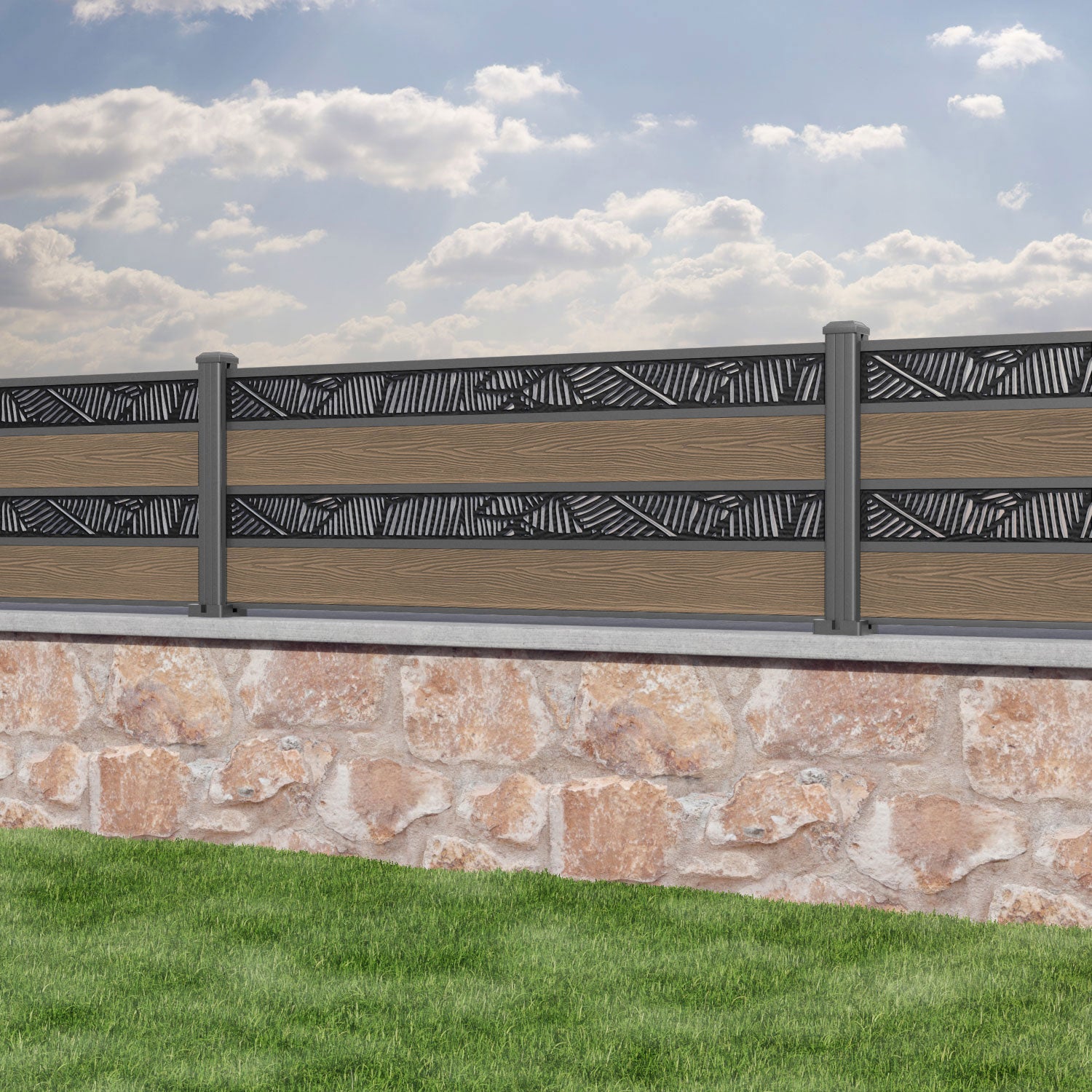 Classic Teak Feather Split Screen Fence Panel with Aluminum Posts - Perfect for Garden Privacy, Patio Divider, and Outdoor Decoration