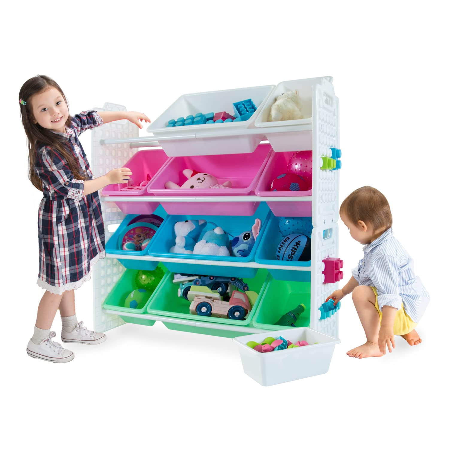 UNiPLAY 12-Bin Toy Organizer with Removable Storage Bins - Kids Book & Toy Storage for Building Blocks, School Supplies, Arts & Crafts - Sturdy Baseplate Frame (Pink) - Perfect for Playrooms, Classrooms & Daycare Centers