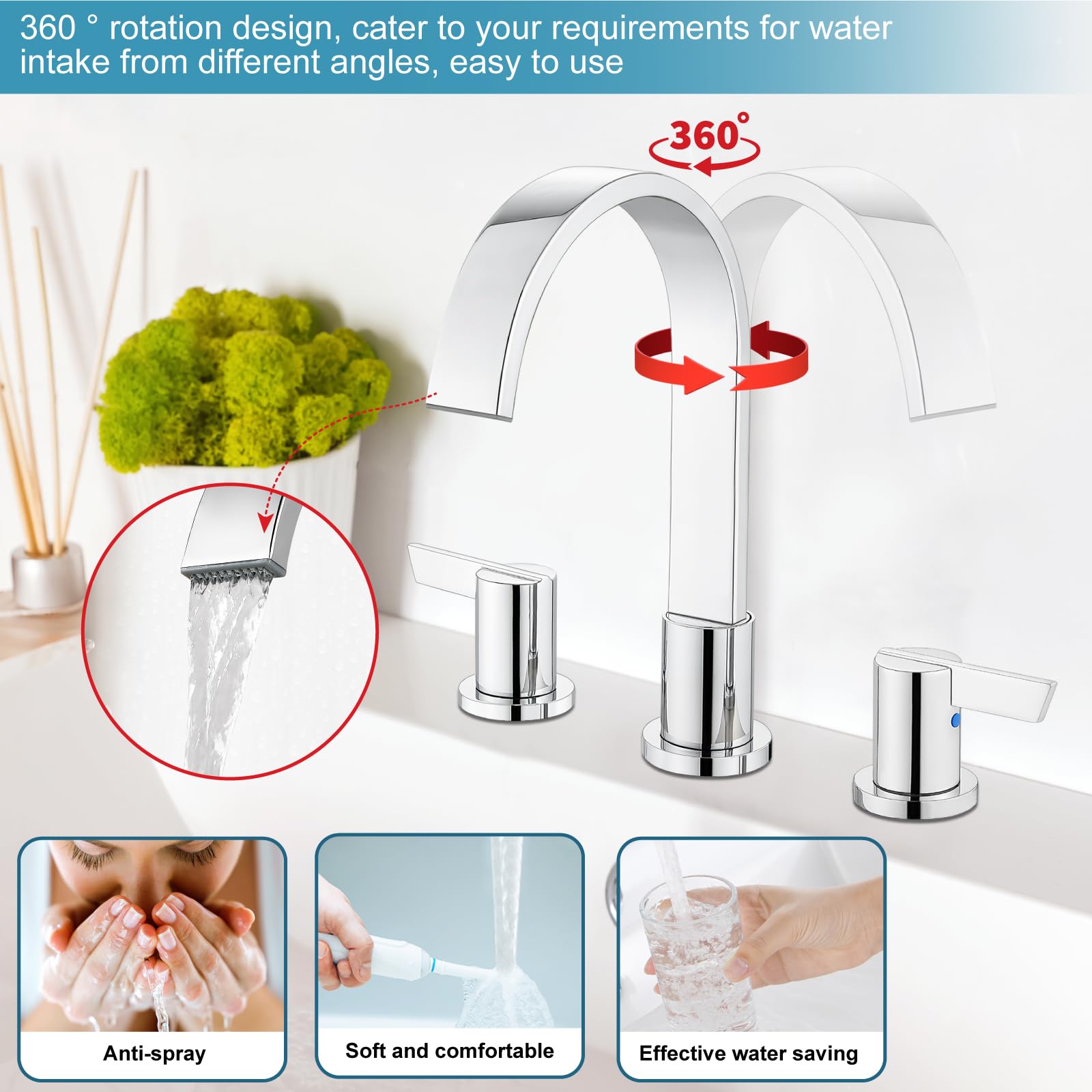 Midanya 8 Inch Widespread Bathroom Sink Faucet - Waterfall Design 3 Hole 2 Handle Modern Vanity Faucet with Pop Up Drain & Supply Lines - Polish Chrome Finish for Bathroom, Powder Room & Guest Bath Decor