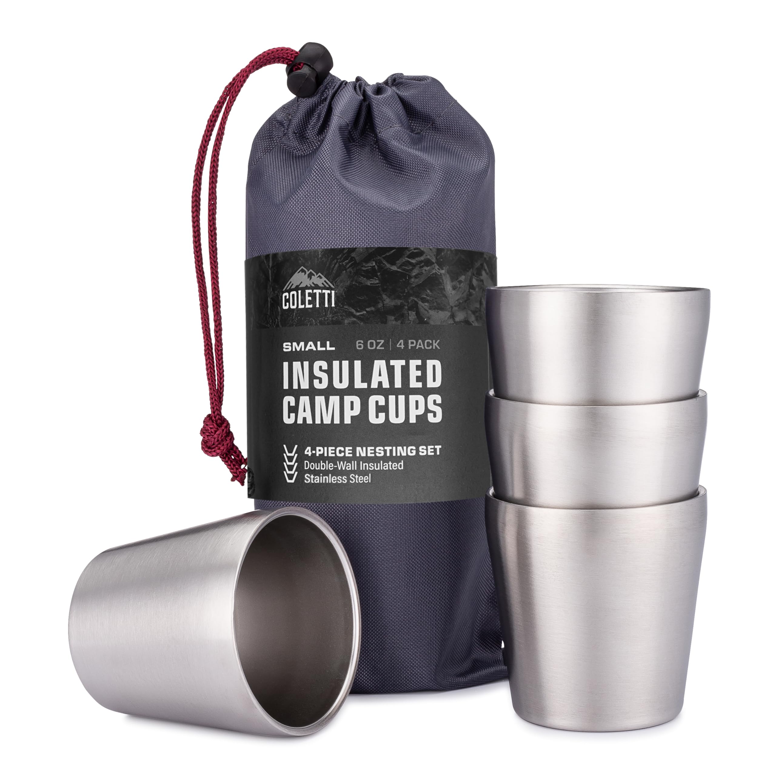 COLETTI Scouts Stainless Steel Kids Drinking Cups - 6oz Set of 4, BPA-Free Unbreakable Metal Cups with Smooth Rim for Safety, Dishwasher Safe Reusable Camping & Travel Cups for Boys Girls