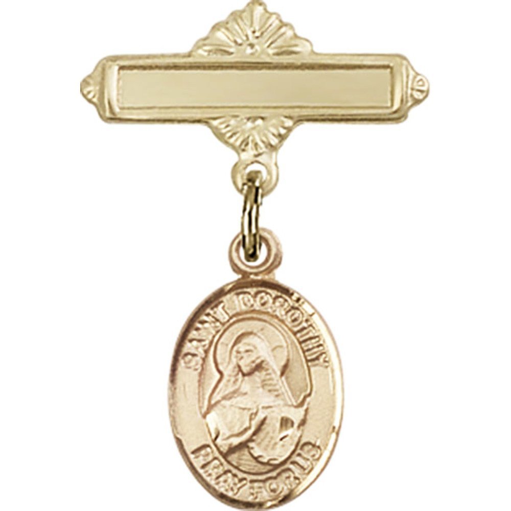 Bonyak Jewelry Gold Filled Saint Medal Charm - St. Dorothy Baby Badge with Polished Pin (1 X 5/8 inches) - Religious Jewelry for Baptism, First Communion & Spiritual Gifts