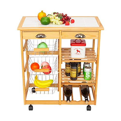 EEBUIHUI 2-Drawer Kitchen Utility Cart with Removable Storage & Wheels - Solid Wood Rolling Kitchen Island with Shelves - Foldable Dining Room Cart for Small Spaces - Perfect for Kitchen Organization, Pantry Storage & Mobile Serving Station (Brown)