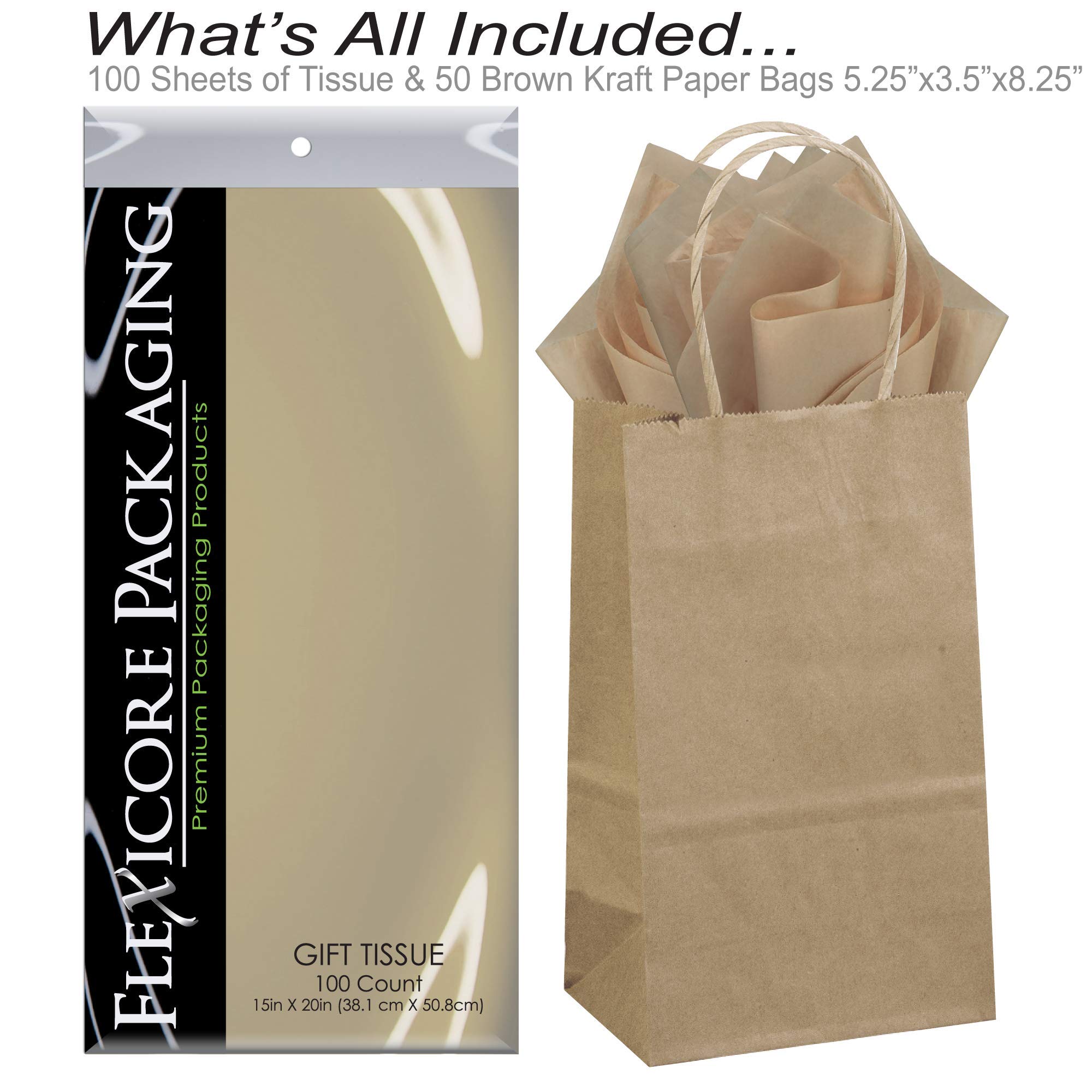 Flexicore Packaging® 50-Pack Natural Brown Kraft Paper Gift Bags with 100-Piece Parchment Tan Tissue Paper Set - Eco-Friendly Gift Wrapping for Birthdays, Weddings & Party Favors