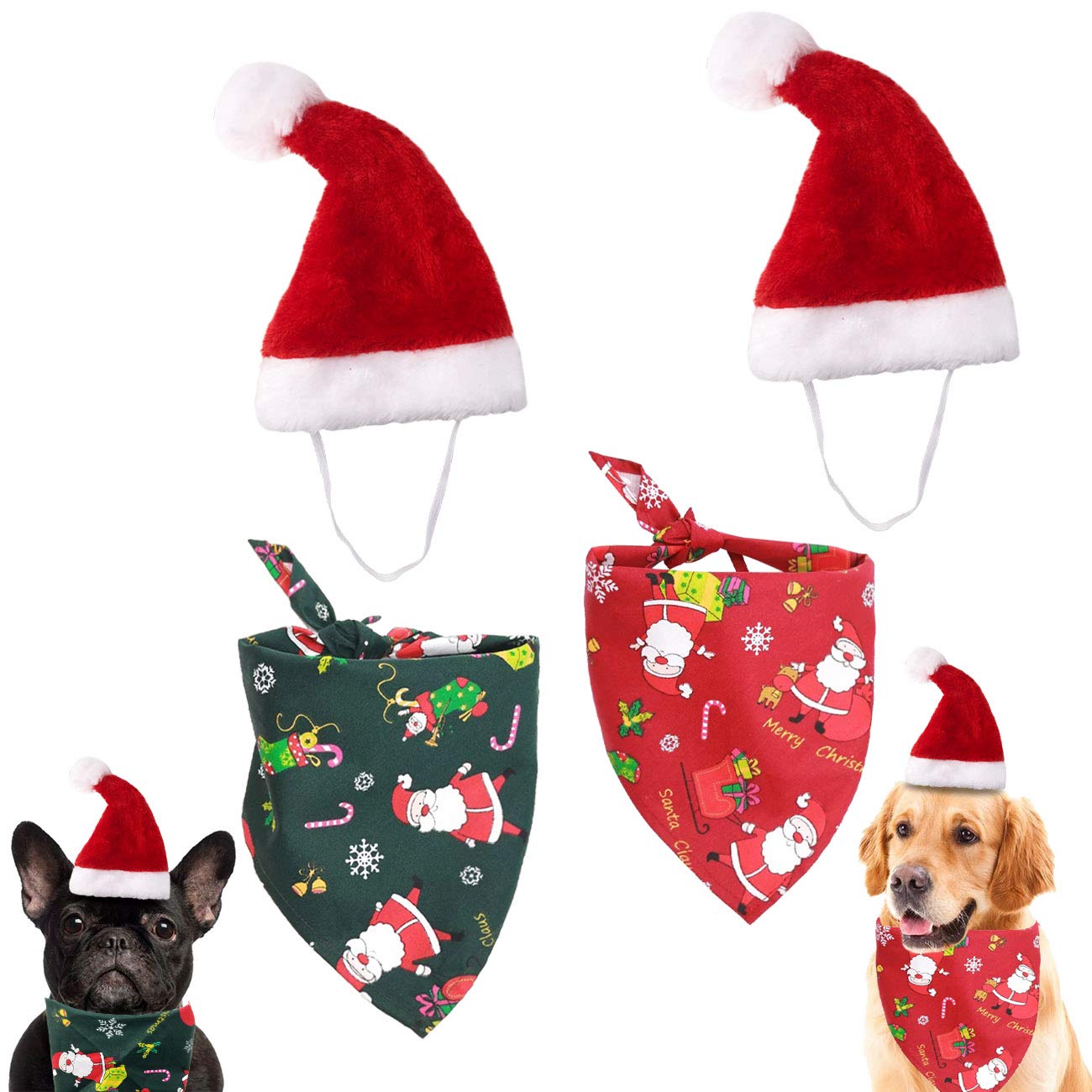 Festive Christmas Dog Bandana - Reversible Triangle Bib Scarf with Adjustable Santa Hat for Pets (Green & Red) - Perfect for Holiday Photos, Parties & Gifts