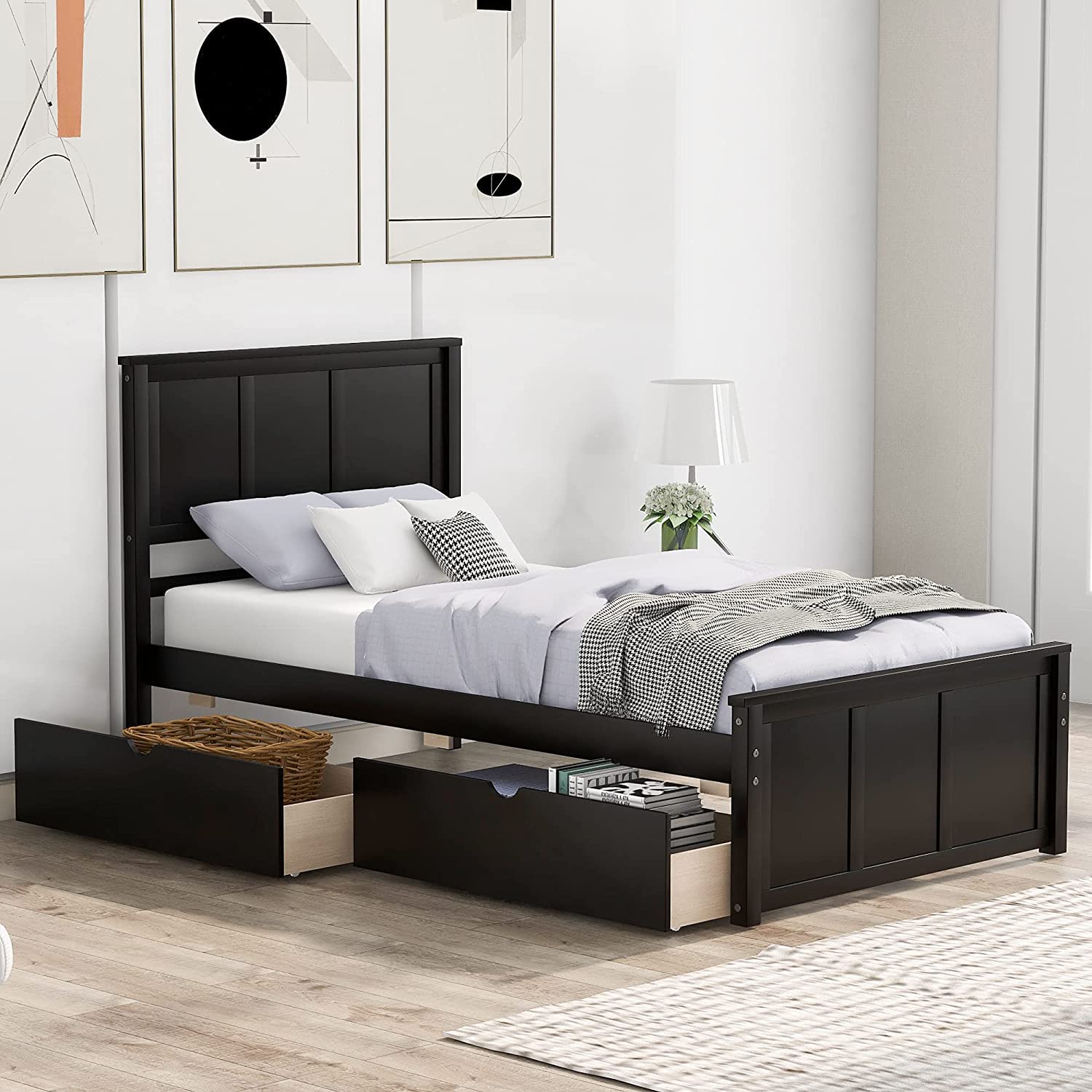 Harper & Bright Designs Twin Size Storage Bed Frame with Headboard - Solid Wood Platform Bed with 2 Drawers, Espresso Finish - Perfect for Kids Bedroom, Guest Room & Small Space Saving Solution