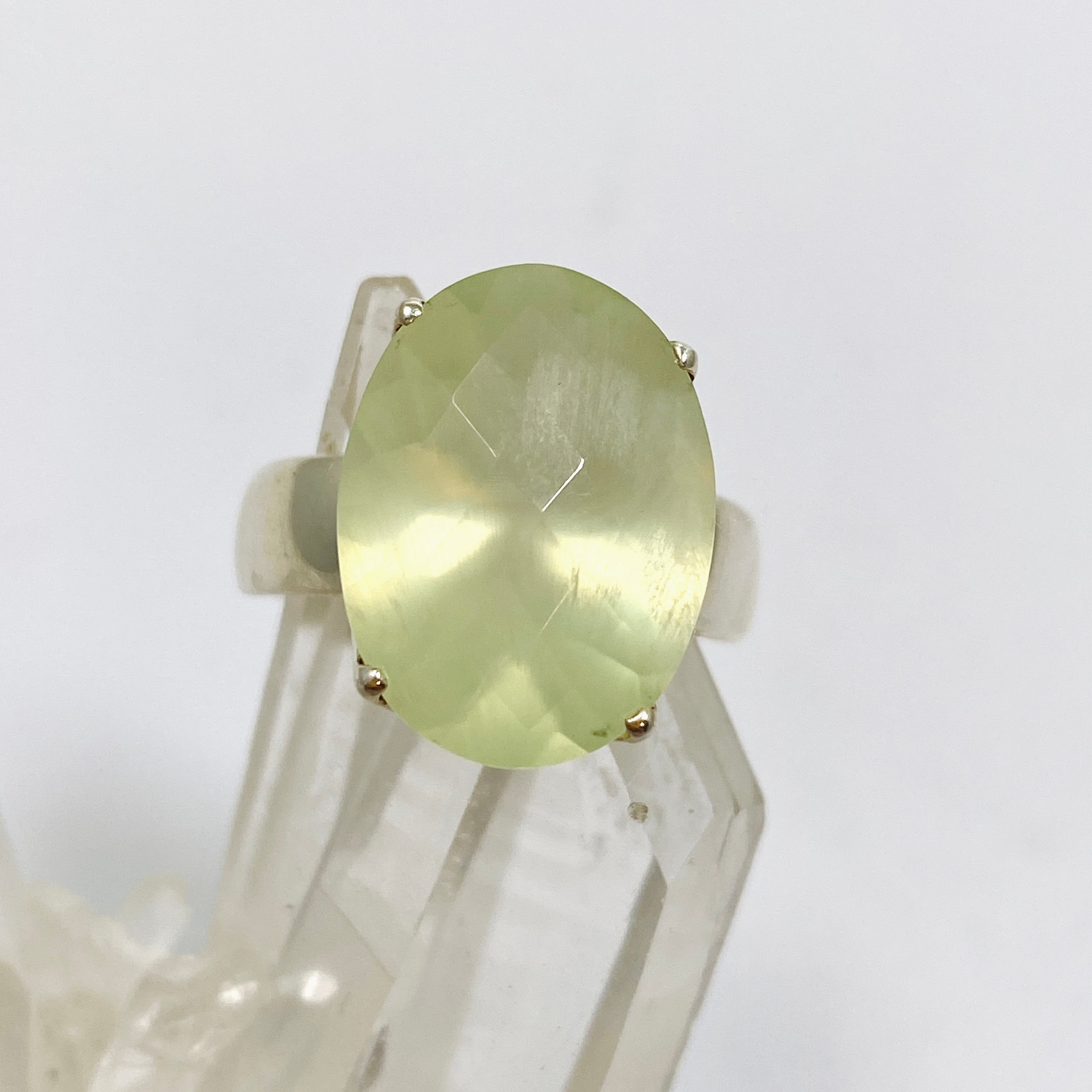 Prehnite Oval Checkerboard Faceted Ring Size 8 - Dainty Gemstone Jewelry for Women - Perfect for Everyday Wear, Gift Giving & Special Occasions