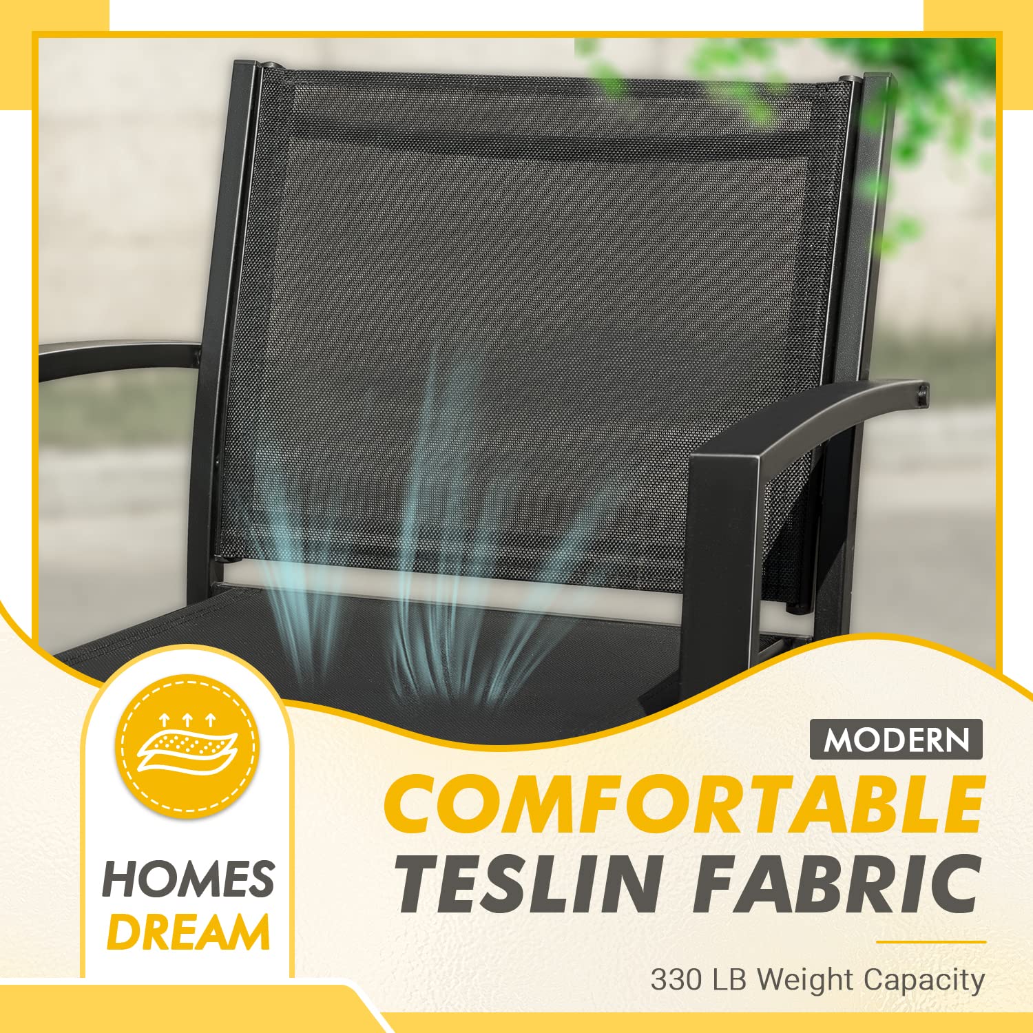 Greesum 3-Piece Outdoor Patio Furniture Set - Textilene Fabric Bistro Chairs with Glass Coffee Table for Lawn, Garden, Balcony, Poolside - Perfect for Relaxing, Entertaining & Outdoor Dining (Black)