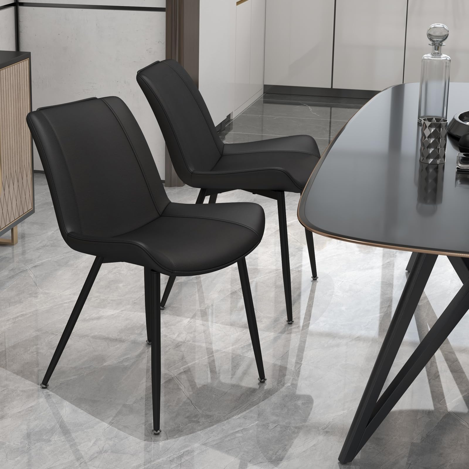 Brage Living Dining Chairs Set of 2 - Modern PU Leather Armless Kitchen & Dining Room Chairs with Metal Legs, Upholstered Accent Side Chairs (Black) - Perfect for Small Spaces, Breakfast Nooks & Contemporary Dining Areas