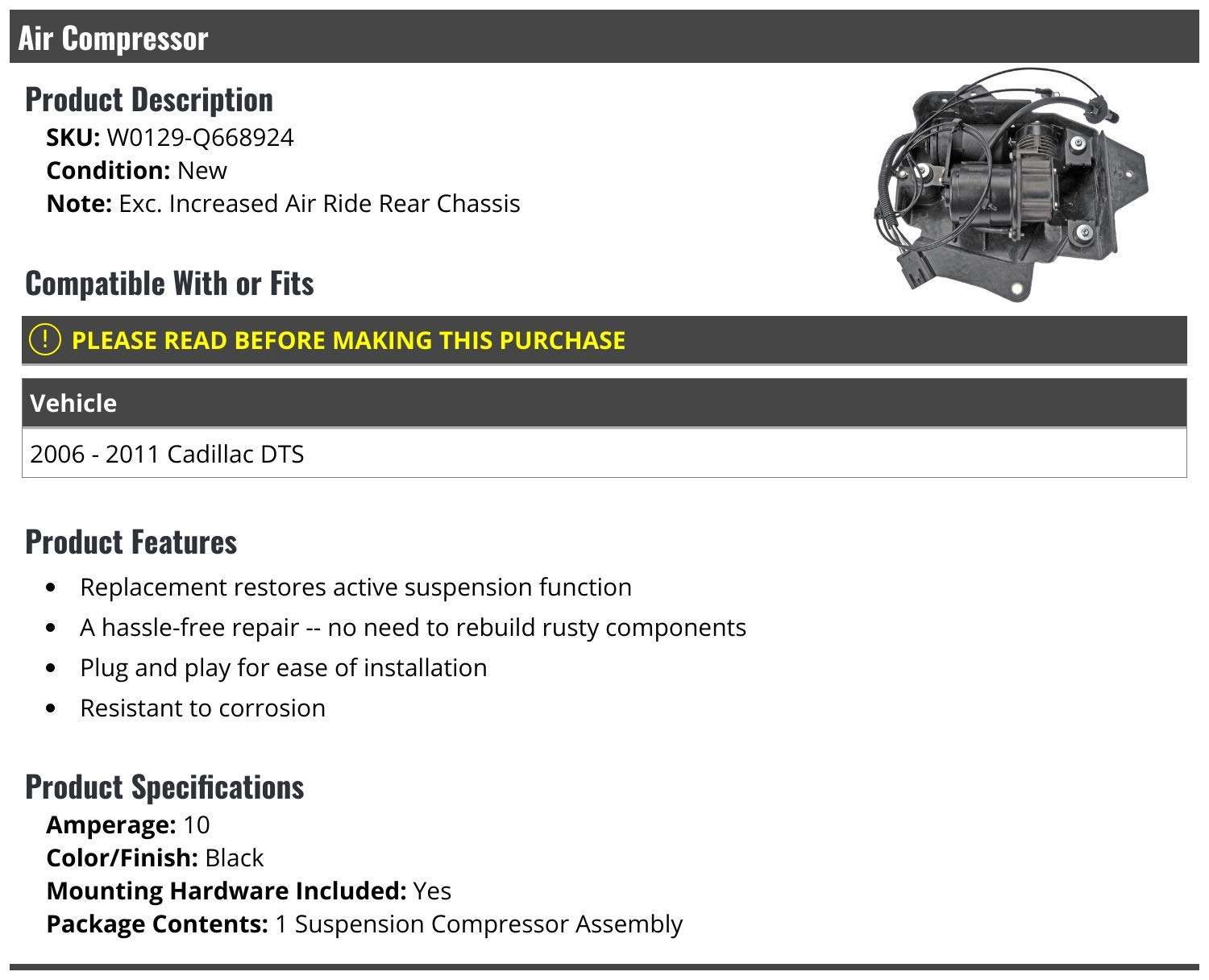 2006-2011 Cadillac DTS Air Compressor - Black - with Mounting Hardware (Excludes Air Ride Rear Chassis) - Replacement Part for Smooth Suspension & Comfortable Ride - Perfect for Highway Cruising & City Driving