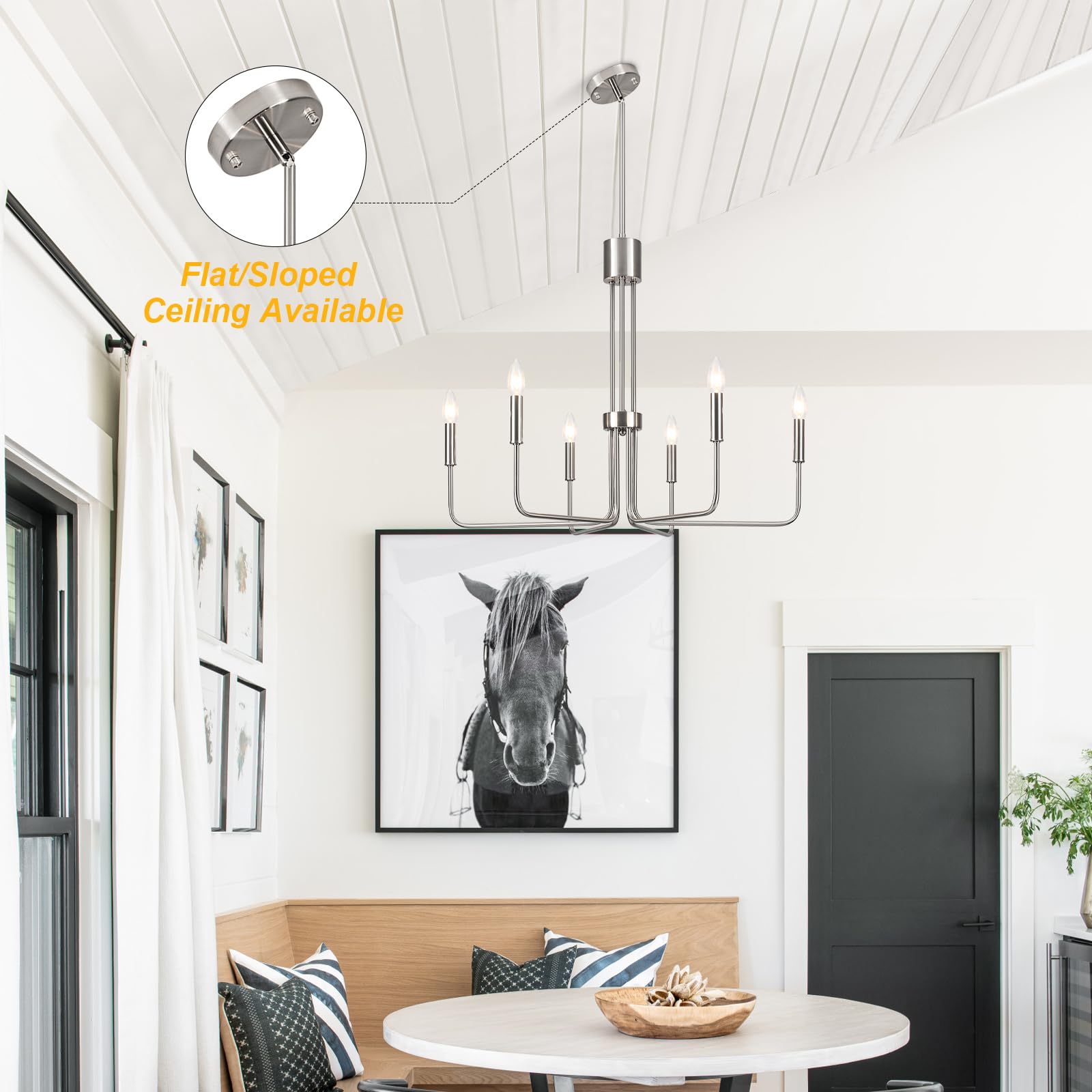 6-Light Brushed Nickel Chandelier - Modern Farmhouse Dining Room Lighting Fixture for Kitchen, Living Room & Entryway | Elegant Ceiling Light for Home Decor, Wedding & Restaurant