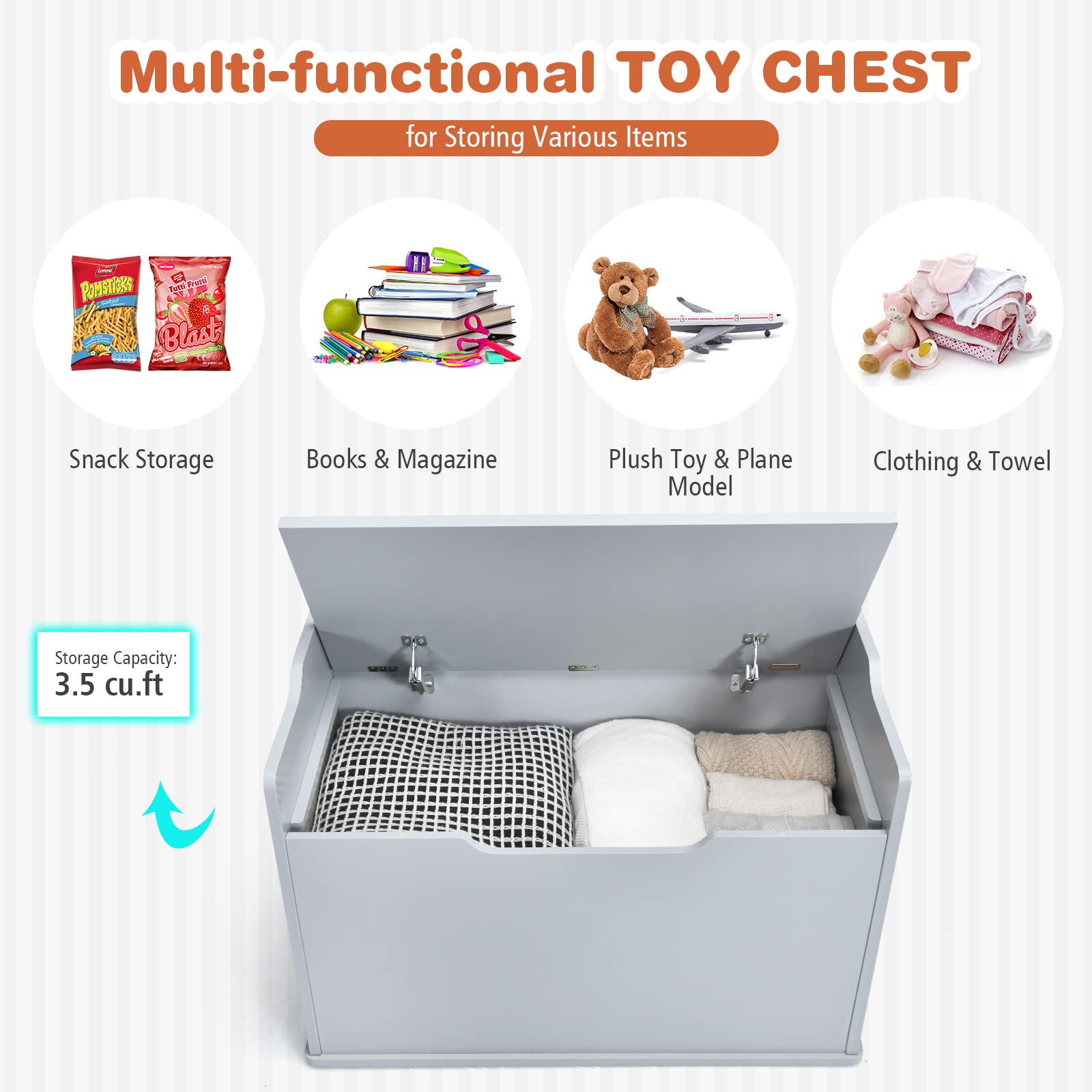Costzon Kids Wooden Toy Chest with Bench Seat - Large Toy Storage Box with Finger-Pinch Prevention & Lift-Top Foot Rest - Perfect for Toddler Bedroom, Playroom, or Entryway Organization (Grey)