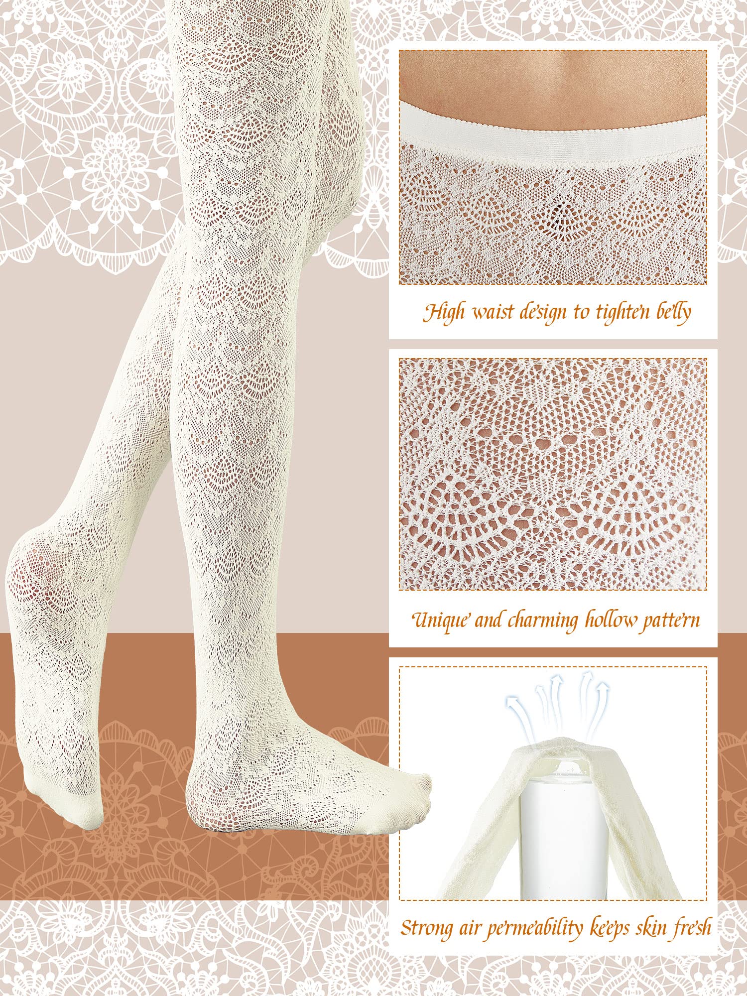 Jiuguva 2-Pack Hollow Out Knitted Pattern Tights for Women - Vertical Striped Cable Knit White Lace Pantyhose & Fishnet Stockings, One Size - Perfect for Parties, Cosplay and Winter Fashion