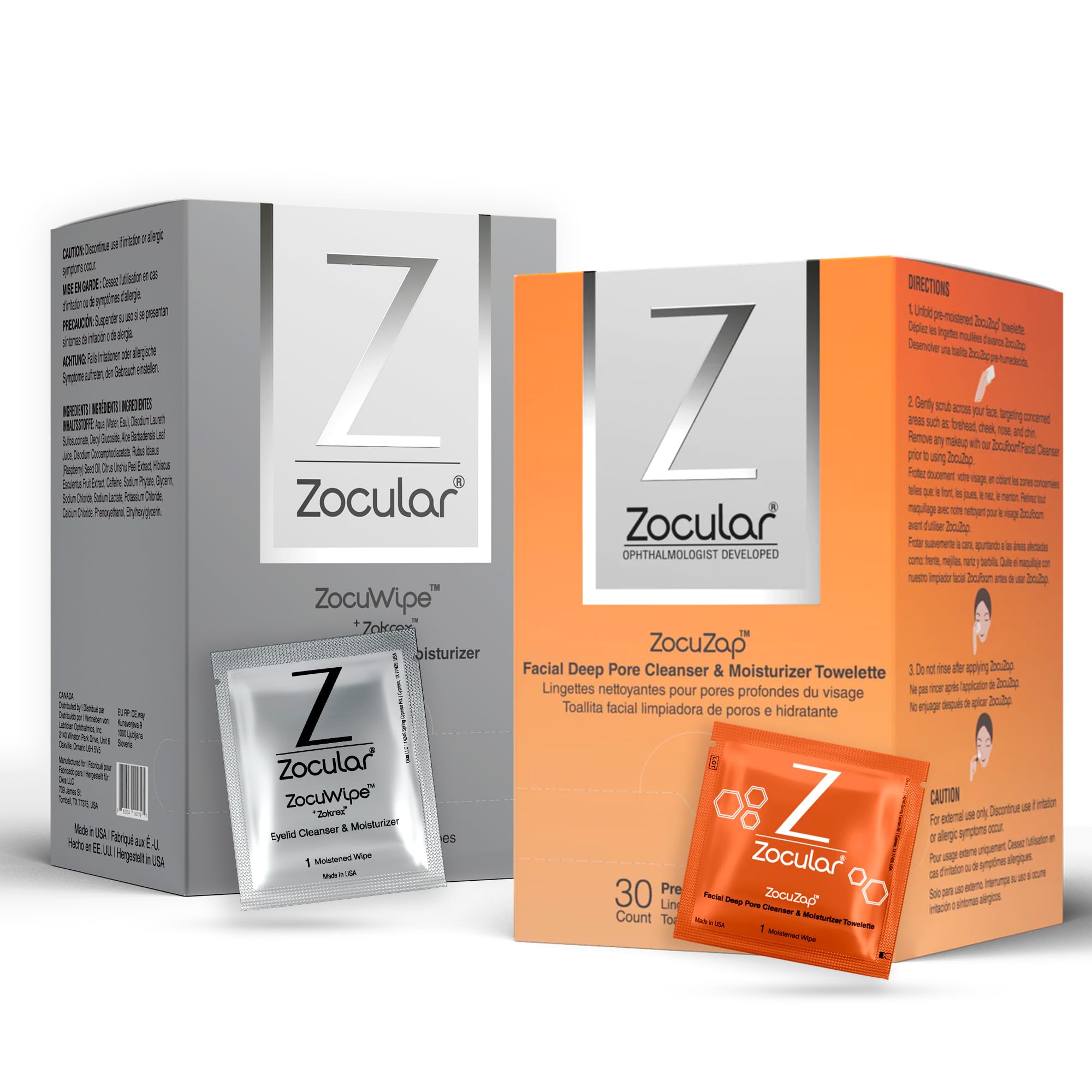 Zocuwipe Eyelid Cleansing Wipes with Okra Complex - Hypoallergenic Eyelid Cleanser & Moisturizer Pads (40 Count) + Zocular ZocuZap Facial Cleansing Wipes (30 Count) Bundle - Perfect for Sensitive Eyes, Makeup Removal & Daily Skincare Routine