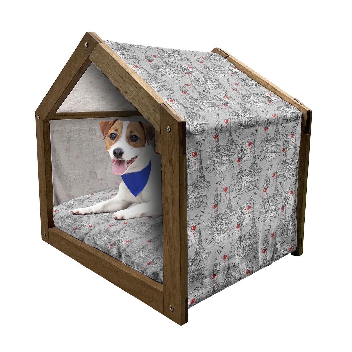 Ambesonne Vintage Eiffel Tower Wooden Dog House with River Seine Lanterns & Doves Design - Portable Indoor/Outdoor Pet Kennel with Removable Pillow & Cover - Large Size in Red, Black & Grey - Perfect for Backyard, Patio or Living Room Pet Shelter