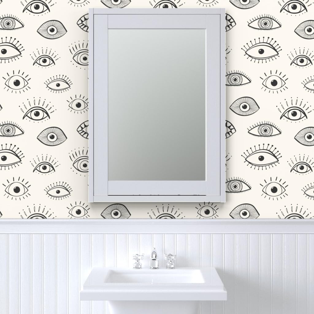 Premium Commercial Grade Wallpaper Roll - 27ft x 2ft Modern Hand-Drawn Evil Eye Design in Black, Cream & White | Traditional Boho Decor for Living Room, Bedroom & Office | Spoonflower