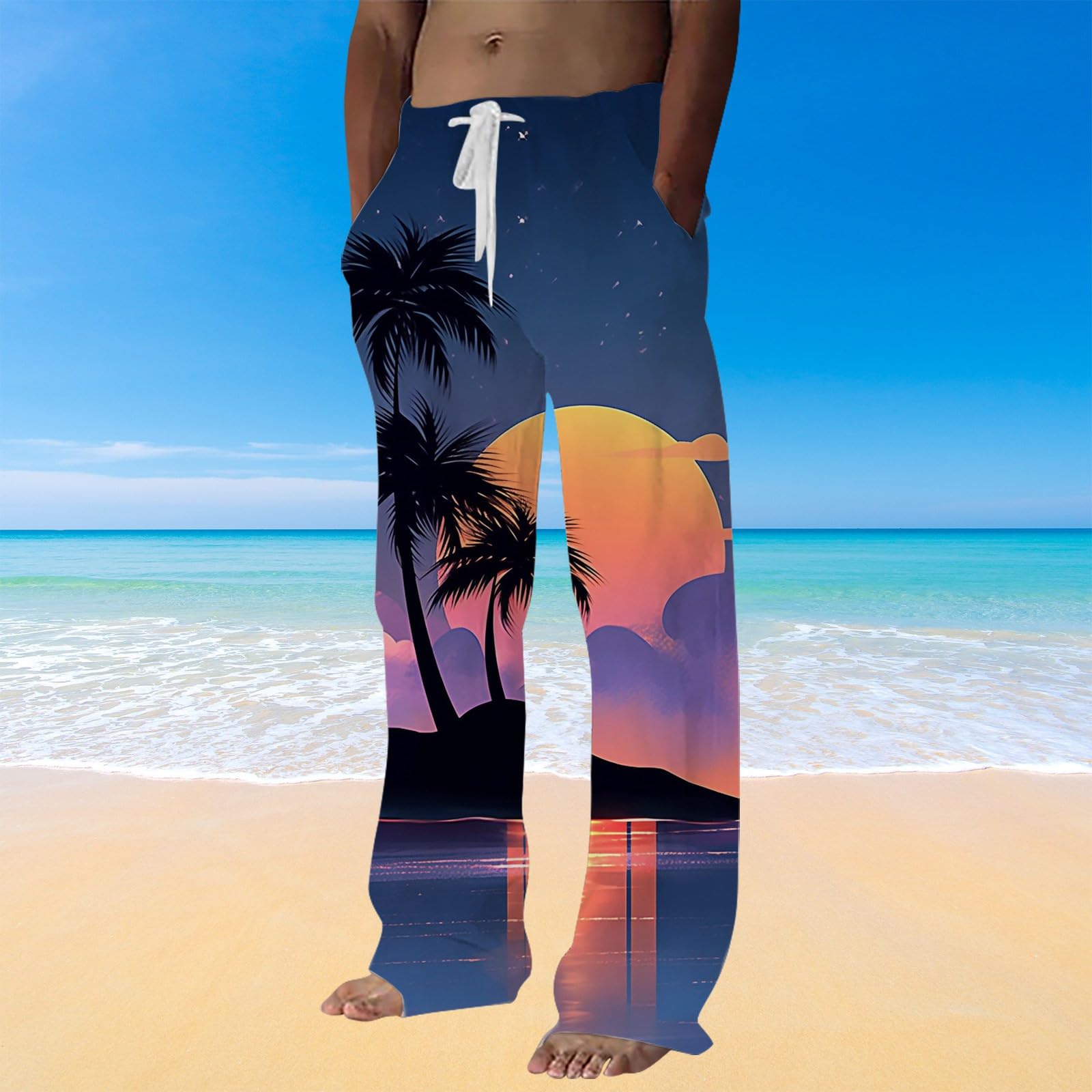 **Men's Linen Pants - Hawaiian Drawstring Elastic Waist Summer Yoga Beach Joggers | Casual & Comfortable for Travel, Lounge & Outdoor Activities**