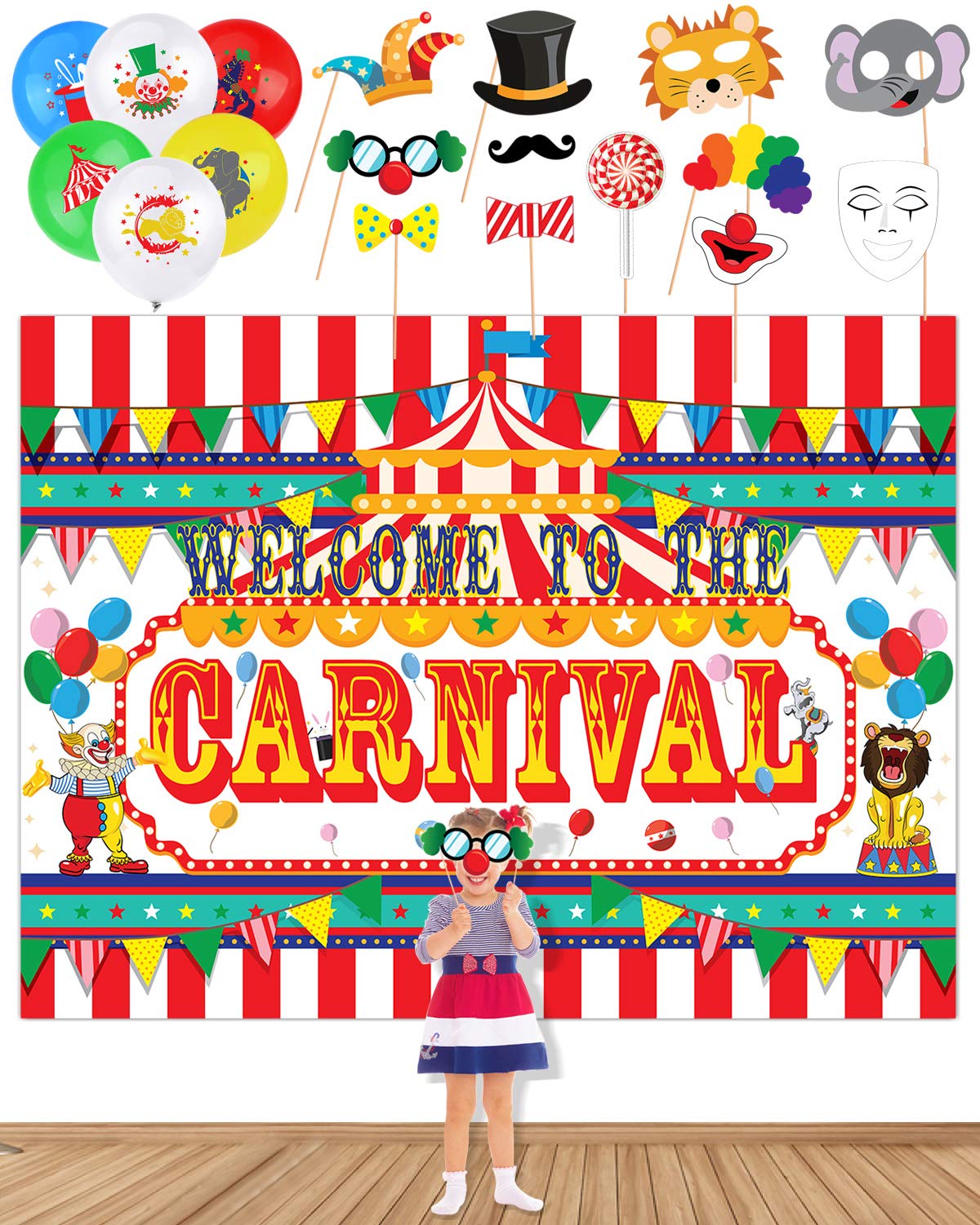 Circus Carnival Party Decorations - 20 Carnival Balloons, 11 Photo Booth Props & Backdrop Banner for Circus Themed Birthday, Baby Shower & Carnival Events