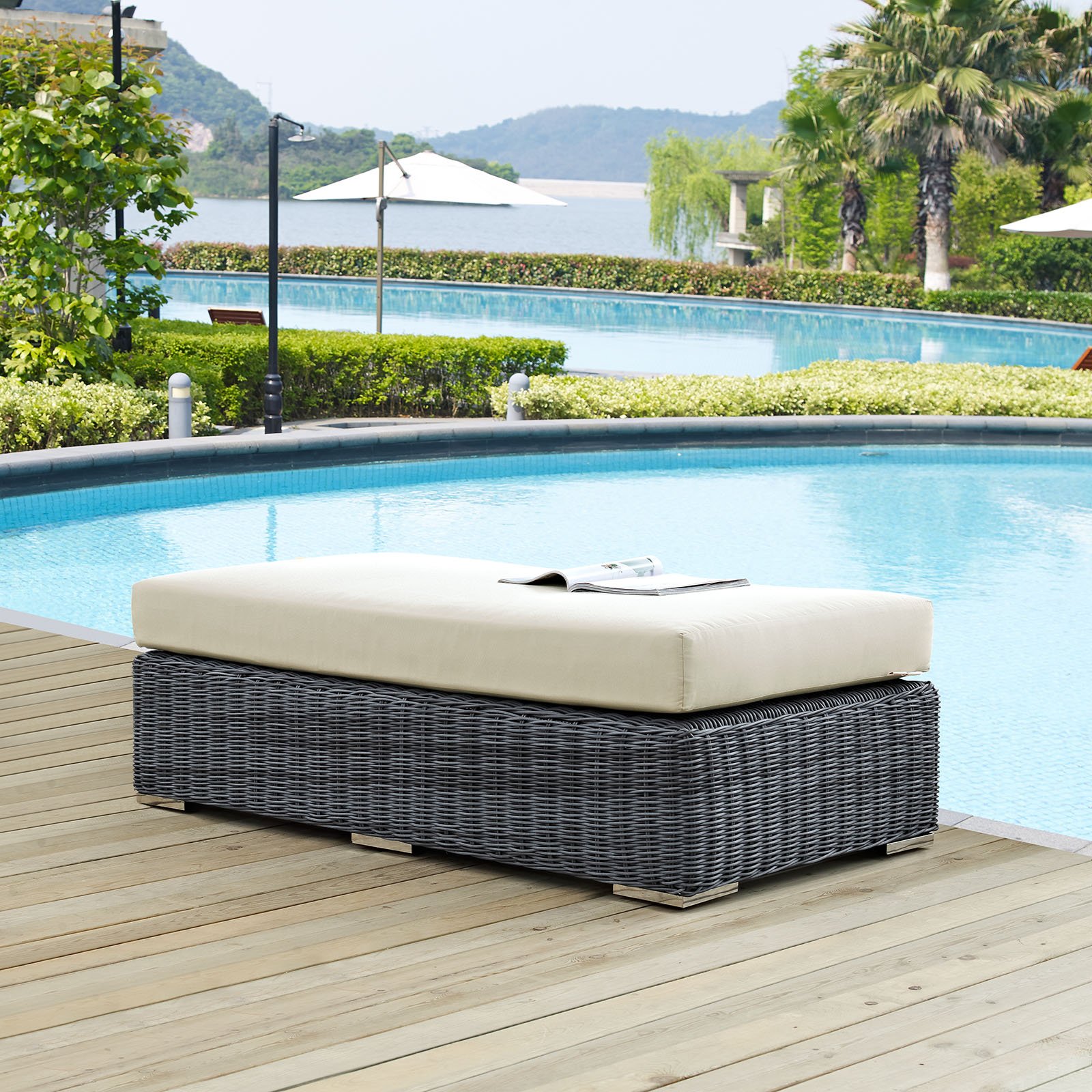 Modway Summon Wicker Rattan Outdoor Ottoman - Waterproof Sunbrella® Fabric, Rectangle Shape in Antique Beige - Perfect for Patio, Poolside & Garden Relaxation