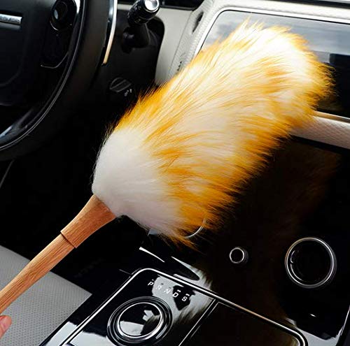 Premium Natural Sheepskin Lambswool Duster - 7”x6” White/Golden Feather Duster for Dusting Ceiling Fans, Window Blinds, Electronics & Home Cleaning | Gentle Cleaning for Computers, Keyboards, Bookshelves & Delicate Surfaces | Ideal for Home, Office & Car Interior Maintenance