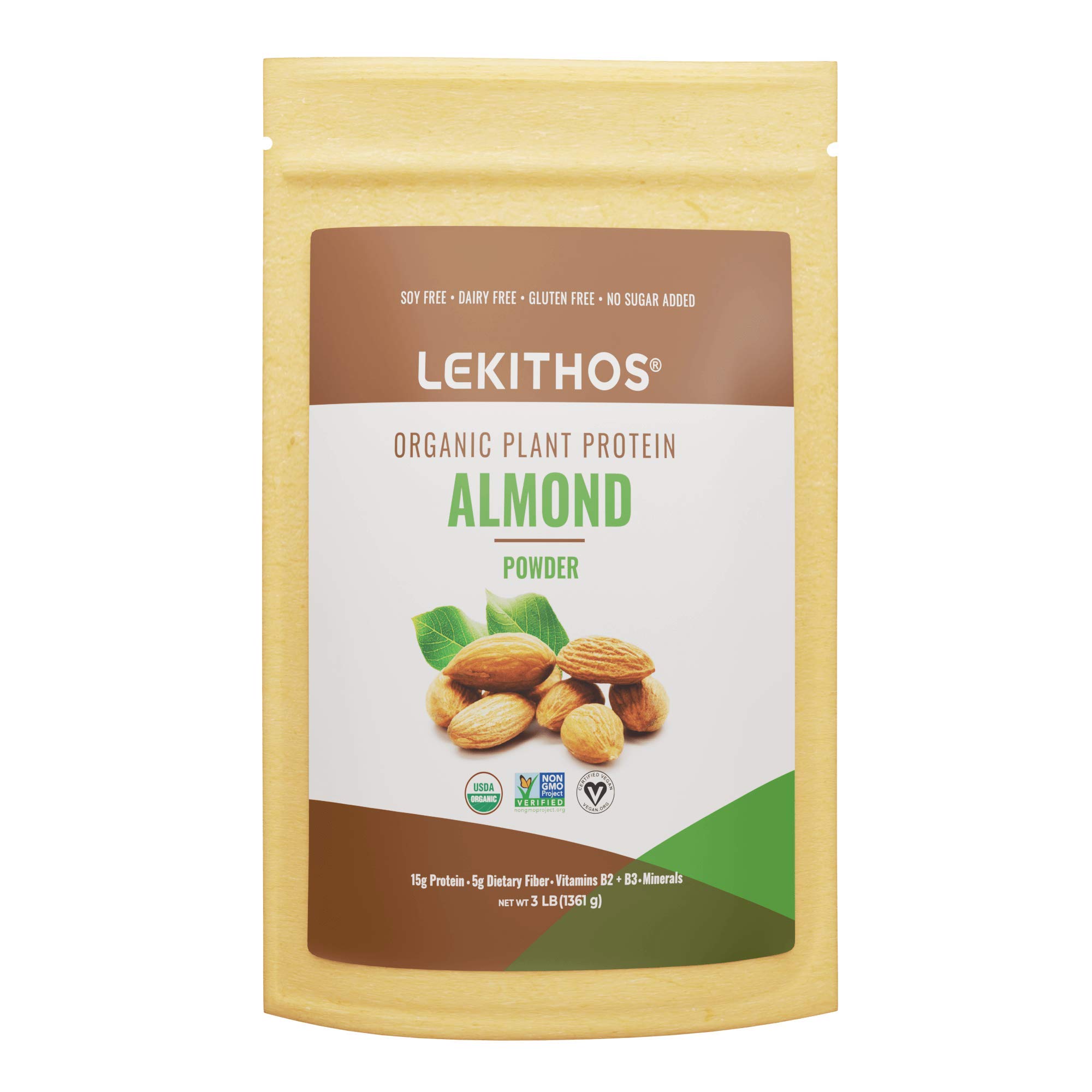 Organic Almond Protein Powder by Lekithos - 3 lb Bag, 15g Protein per Serving, Single Ingredient, USDA Organic & Non-GMO Project Verified - Perfect for Smoothies, Baking & Post-Workout Recovery
