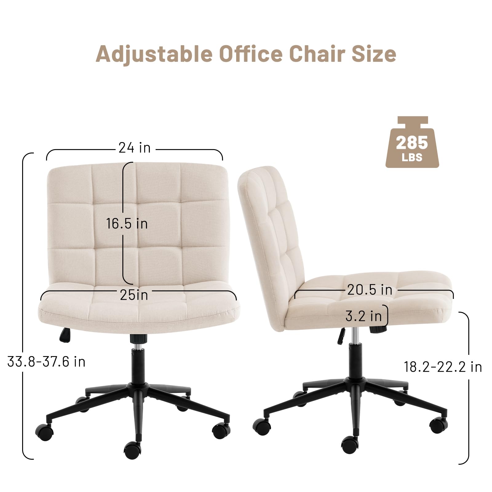 Furniliving Ergonomic Home Office Desk Chair with Wheels - Criss Cross Leg Base, Wide Seat, Armless & Height Adjustable Mid Back Swivel Chair for Work, Study, Gaming - Linen Beige Accent Vanity Chair for Small Spaces