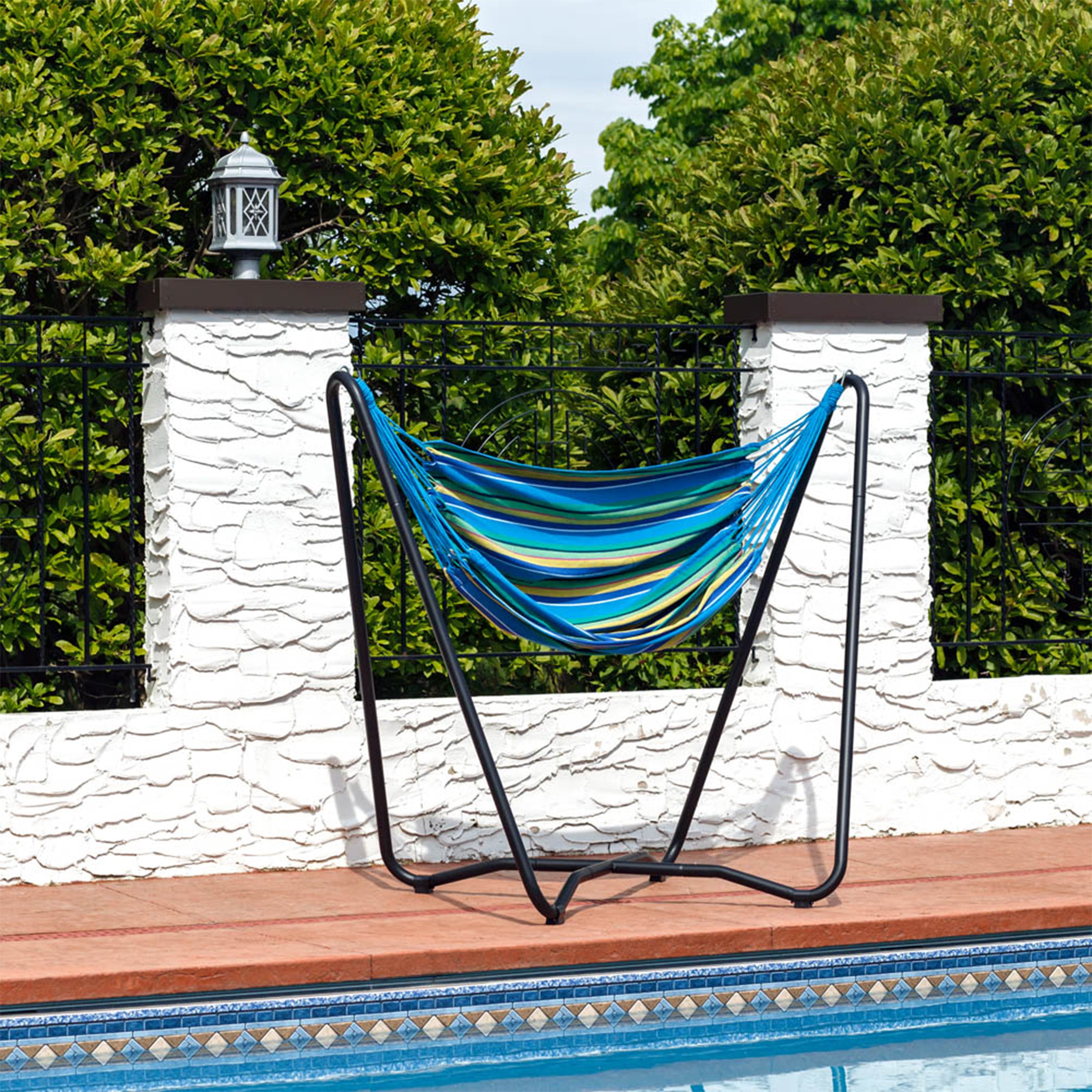 Sunnydaze Hanging Rope Hammock Chair with Space-Saving Stand - Indoor/Outdoor Swing Chair for Patio, Garden, Balcony & Bedroom Relaxation