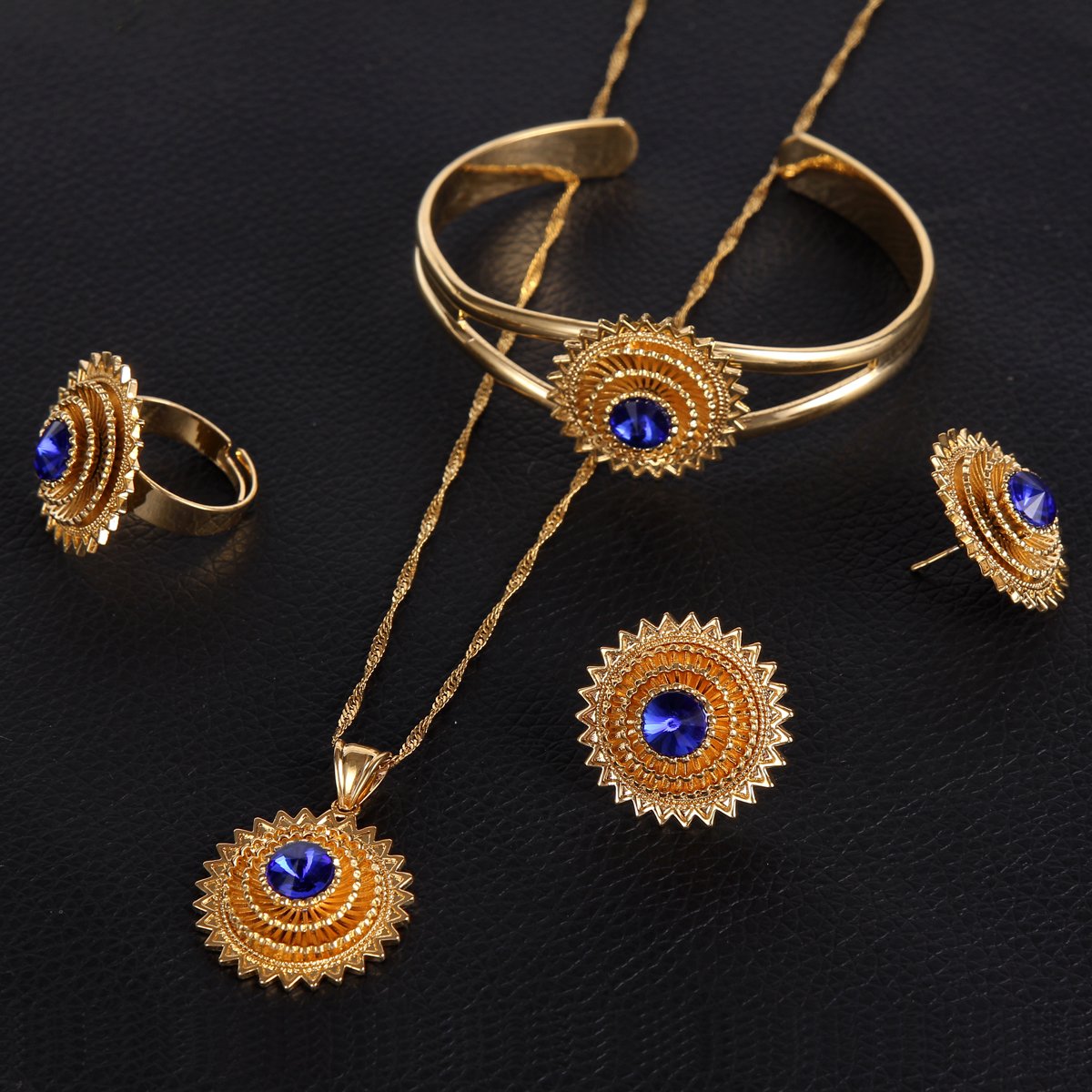 22k Gold Plated Ethiopian Jewelry Set - Cooper Plated Pendant, Chain, Earrings, Ring & Bangle - African Wedding Stone Jewelry for Brides, Cultural Events & Special Occasions