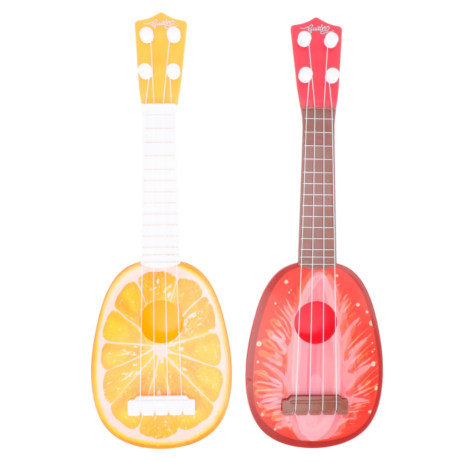 Vaguelly 2-Pack Mini Ukulele Toy Set - 14 Inch 4-String Plastic Fruit-Shaped Educational Musical Instrument for Kids (Strawberry & Orange) - Perfect for Beginners, Birthday Gifts & Music Learning