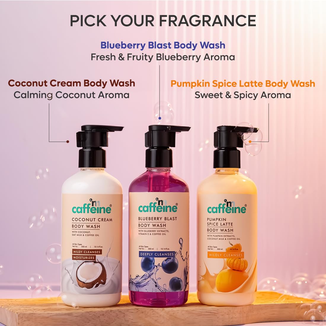 mCaffeine Body Wash Trio - Coconut Cream, Pumpkin Spice Latte & Blueberry Blast Shower Gel Set (300ml Each) for Soft, Aromatic Skin | Natural Skin Care for Women & Men | Perfect for Daily Shower, Spa Day & Gift Giving