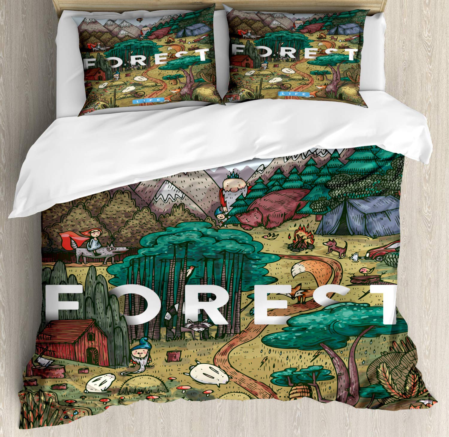 Ambesonne Nature Duvet Cover Set King Size - Mountain Valley Forest Landscape Print, Earth Tone Cartoon Design 3-Piece Bedding Set with 2 Pillow Shams, Multicolor | Perfect for Bedroom Decor, Cabin Retreat & Nature Lover's Home