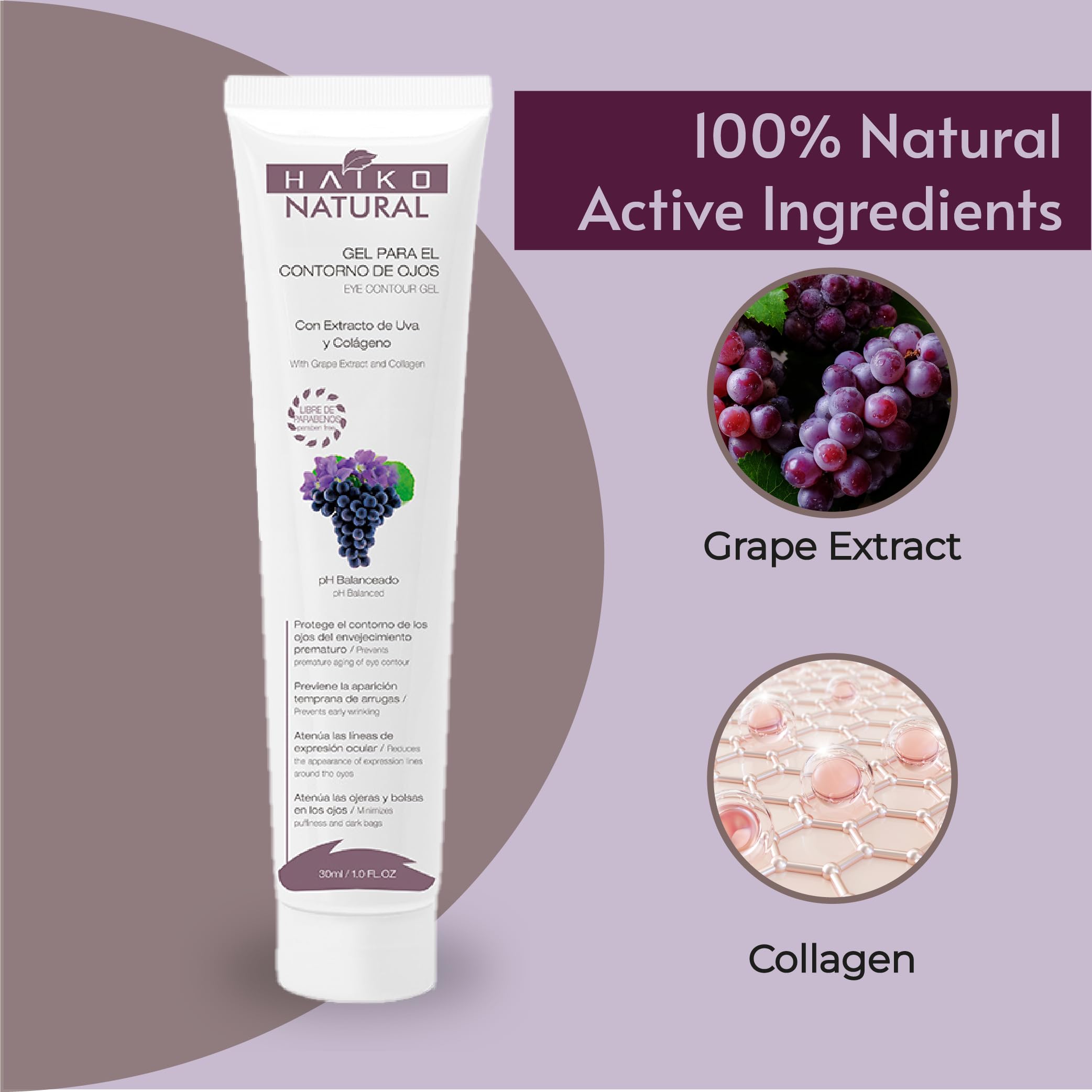 Eye Contour Gel for Puffiness & Dark Circles - Grape Extract & Collagen Infused - 1.0 FL.OZ (30g) Paraben-Free - Perfect for Morning Routine & Night Care