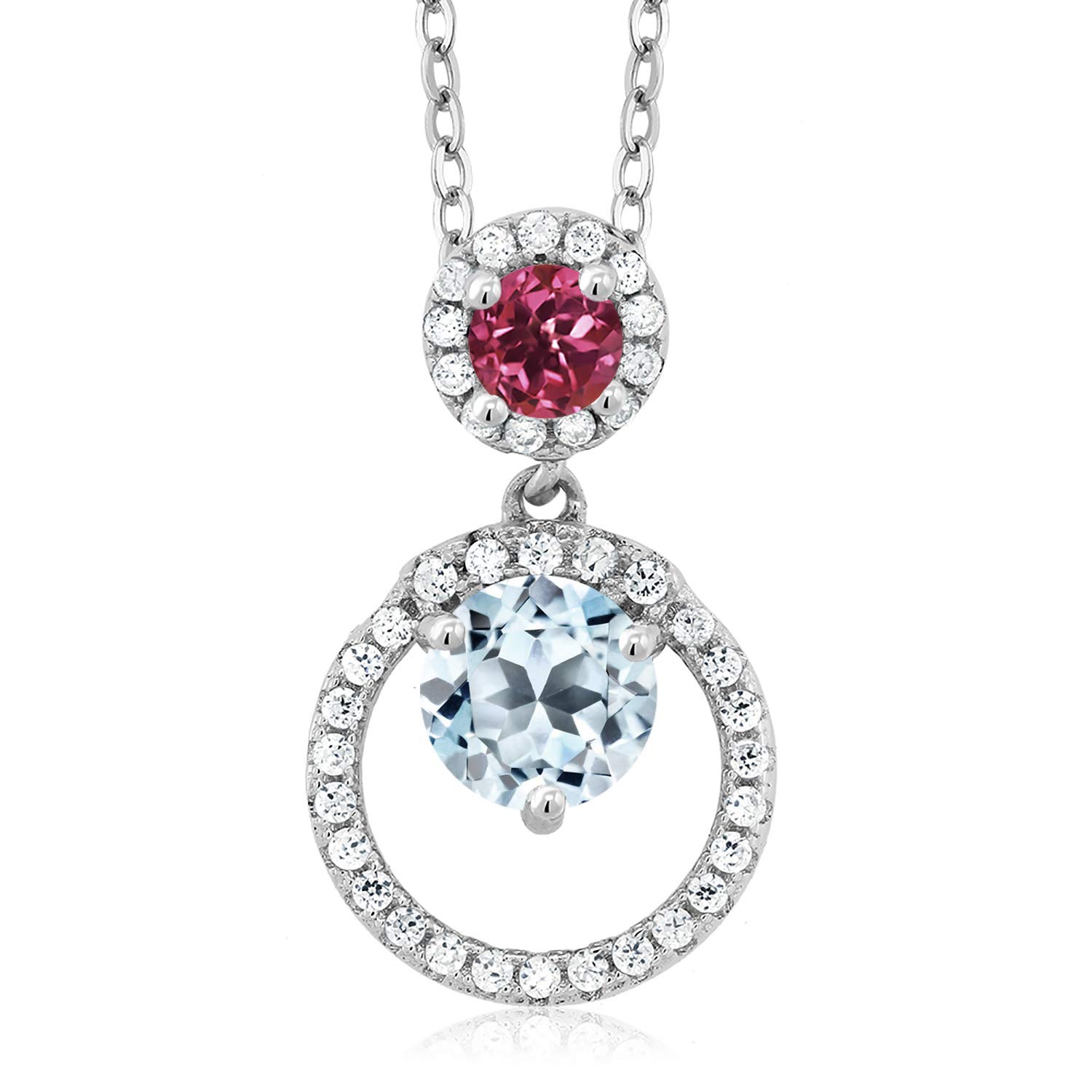 1.85 Ct Round Sky Blue Topaz & Pink Tourmaline Sterling Silver Pendant - 925 Silver Gemstone Jewelry for Women - Perfect for Birthdays, Anniversaries & Special Occasions