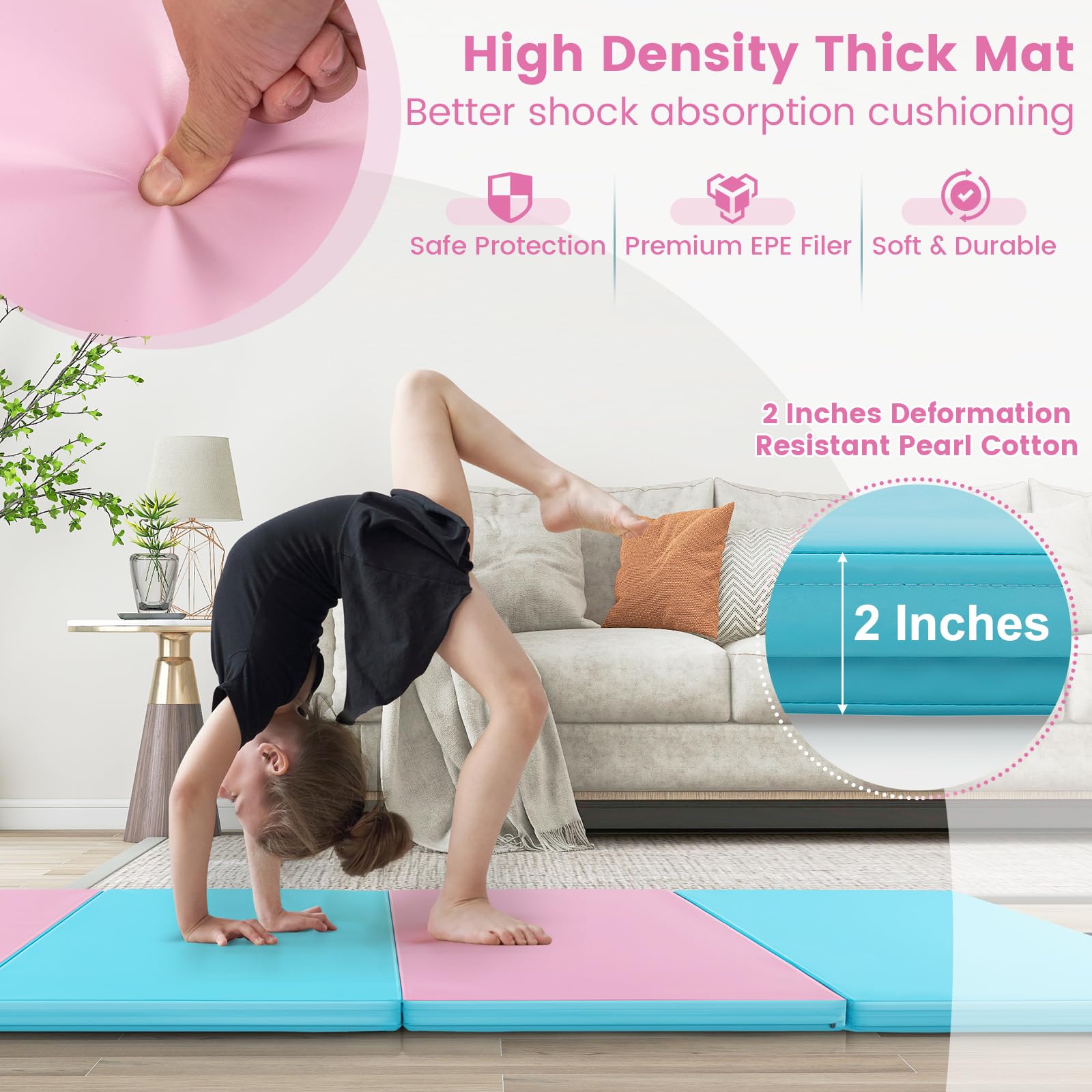 Goplus 10'x4'x2'' Folding Gymnastics Mat - PU Leather Tumbling Mat with Hook & Loop Fasteners & Portable Handles - 4-Panel Exercise Mat for Home Gym, Yoga, Gymnastics, Cheerleading & Martial Arts Training - Perfect for Workouts, Stretching & Kids Play Area