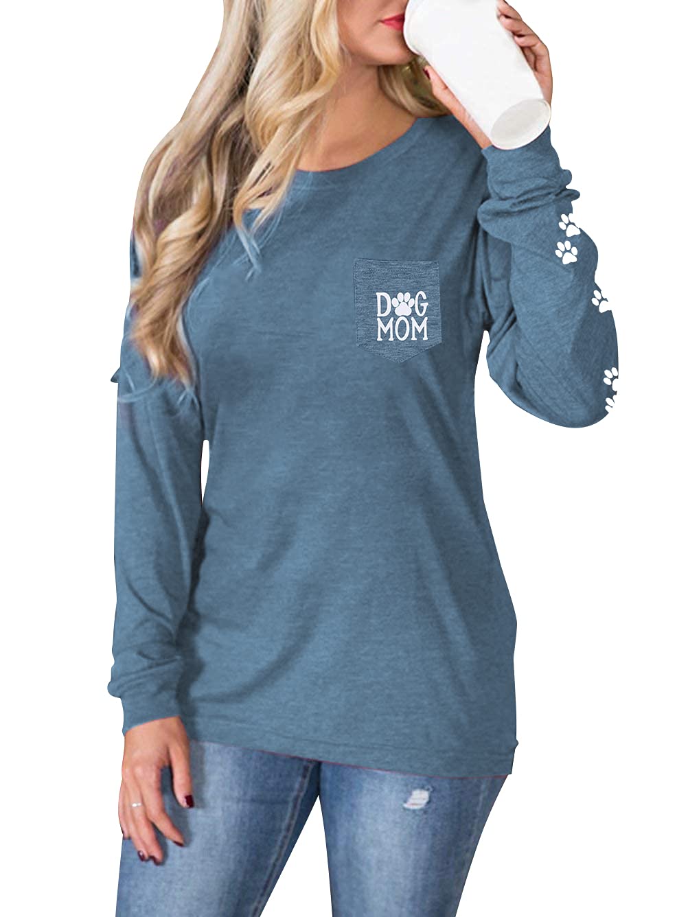 Dog Mom Pullover Sweatshirt - Women's Cute Dog Lover Graphic Tee with Paw Print Design & Patch Pocket, Long Sleeve Casual Shirt - Perfect for Dog Walks, Pet Lover Gifts & Cozy Outfits